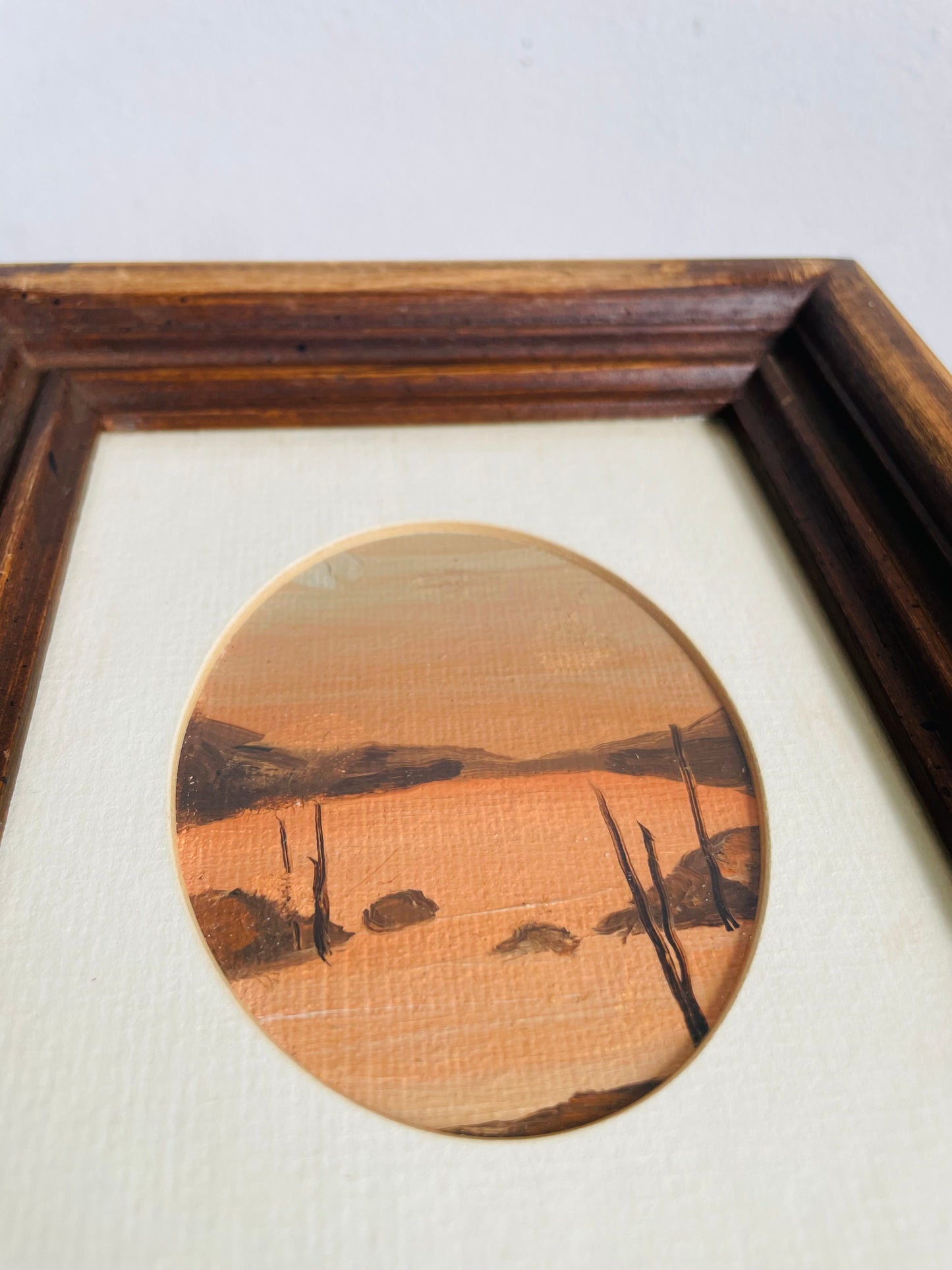 Vintage Original Art Oval Painting Picture of Lake & Mountains - Painting Found in Venice, Italy