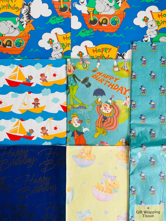 Vintage Wrapping Paper / Gift Wrap Bundle - Scrapbooking, Collage Art, DIY, Crafts, Etc. - Happy Birthday / Children Theme