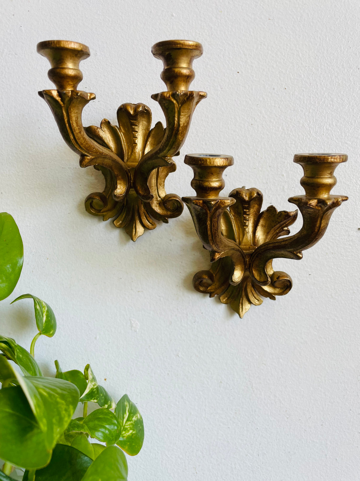Vintage Italian Double Skinny Taper Candle Holder Wall Hanging Sconces - Gold Rococo Louis XV Style - Set of 2 - Made in Italy