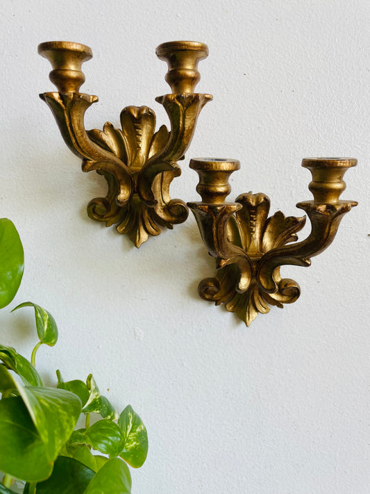 Vintage Italian Double Skinny Taper Candle Holder Wall Hanging Sconces - Gold Rococo Louis XV Style - Set of 2 - Made in Italy