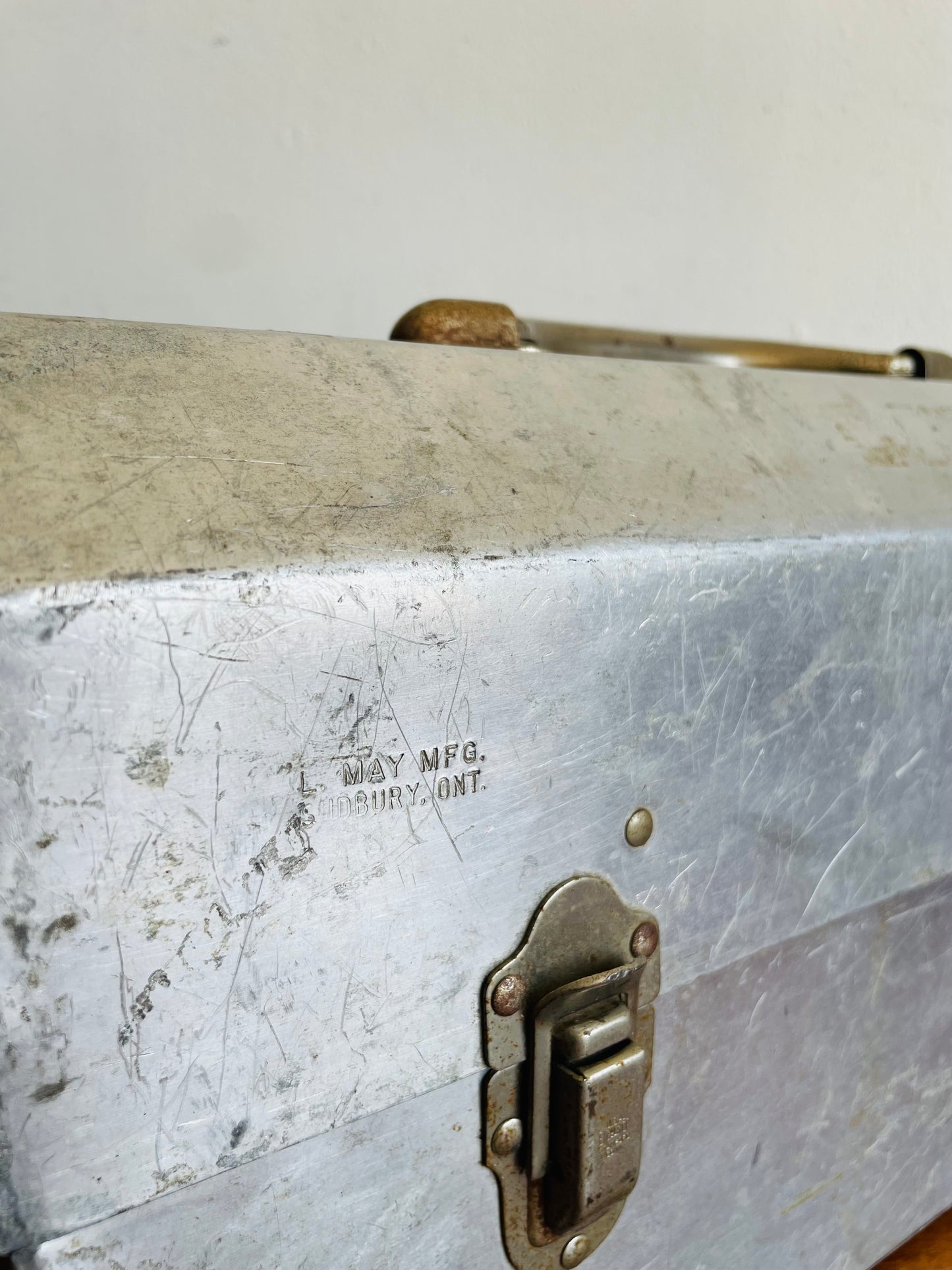 Vintage L. May Mfg Aluminium Metal Silver Miner's Pail / Construction Lunchbox - Made in Sudbury, Ontario