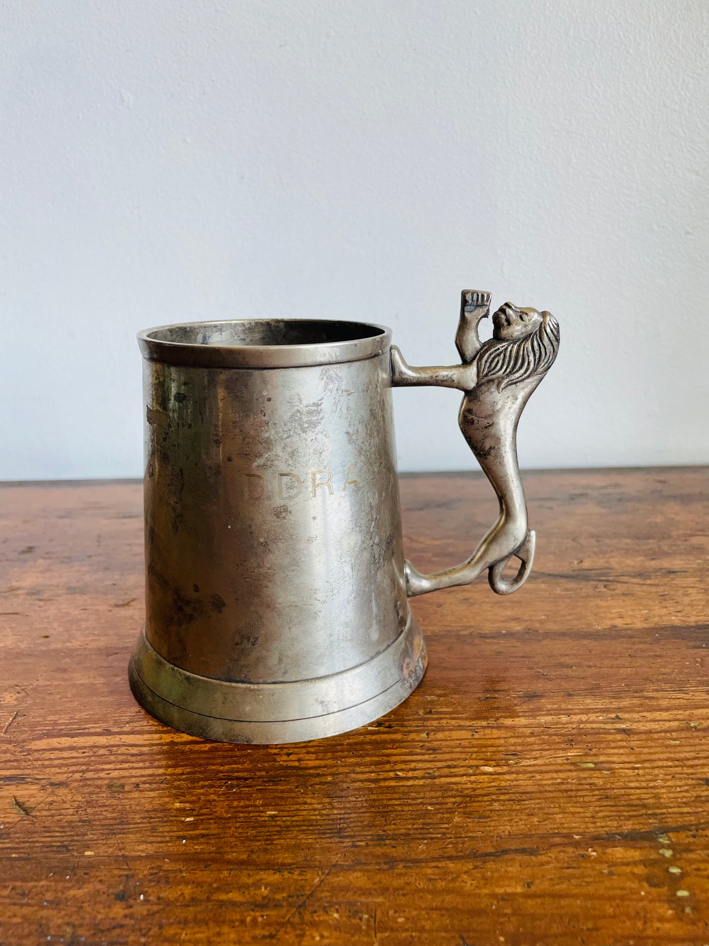 Vintage Sheffield England Pewter Silver Tankard Cup with Lion Handle