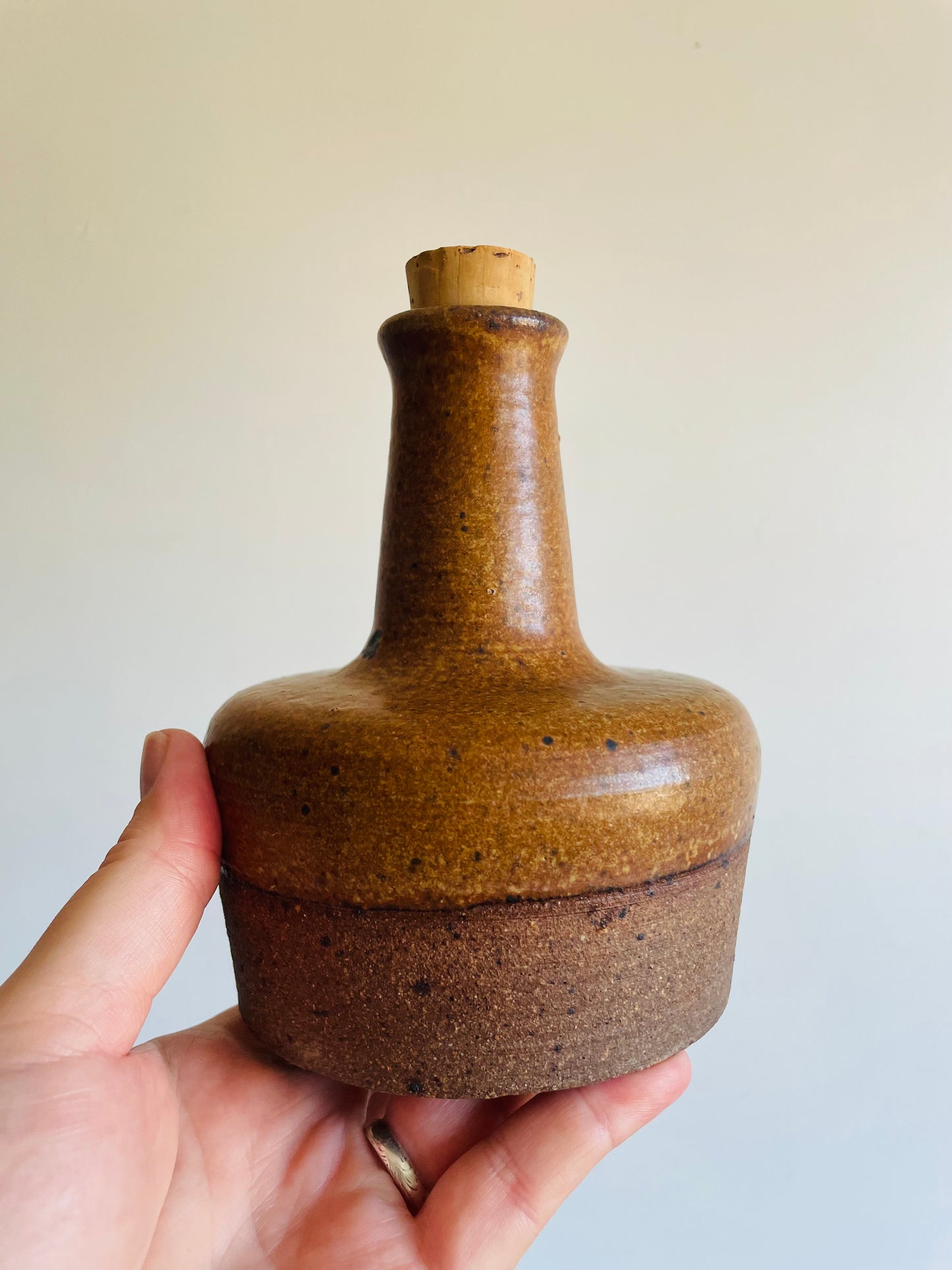 1971 Studio Art Pottery Speckled Brown Stoneware Liquor Decanter Set with 4 Shot Glasses