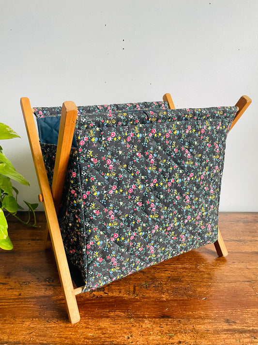 Vintage Wood & Fabric Folding Frame Knitting Yarn Basket Holder with Small Flowers - Made in Canada