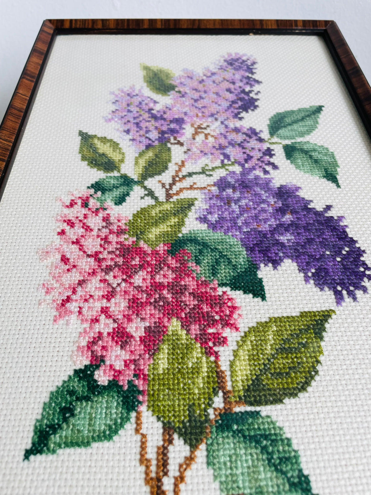 Vintage 1987 Cross Stitch Embroidery Picture of Purple Lilac Flowers