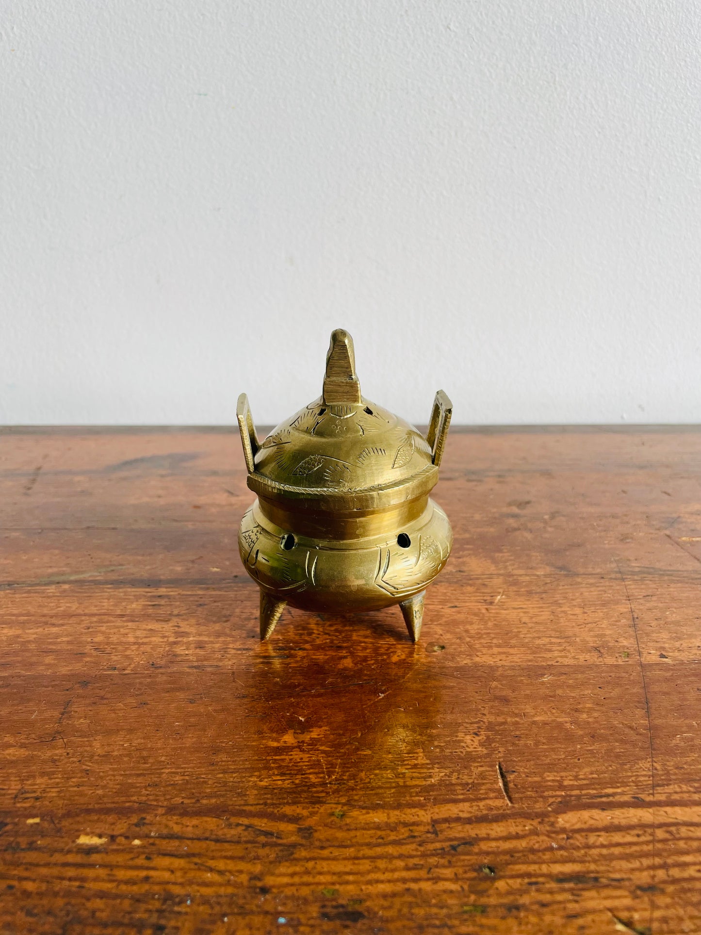 Chinese Etched Brass Footed Incense Burner with Lid & Handles