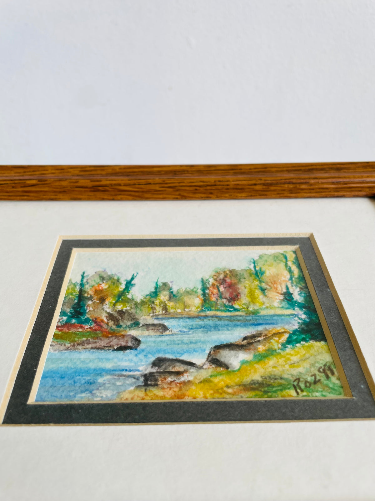 Vintage 1999 Original Art Watercolour Painting of Nature Landscape Scene - River With Forest & Trees - Artist Signed Roz