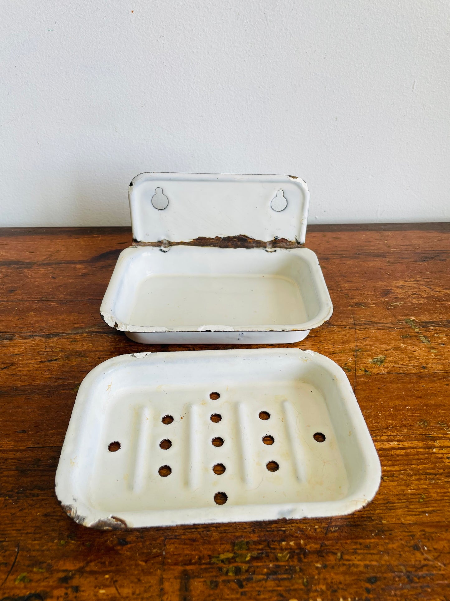 Vintage White Enamel Wall Mount Two Part Soap Dish - Removable Drainage Tray  - Can Stand or Hang - Modern Cottage Farmhouse