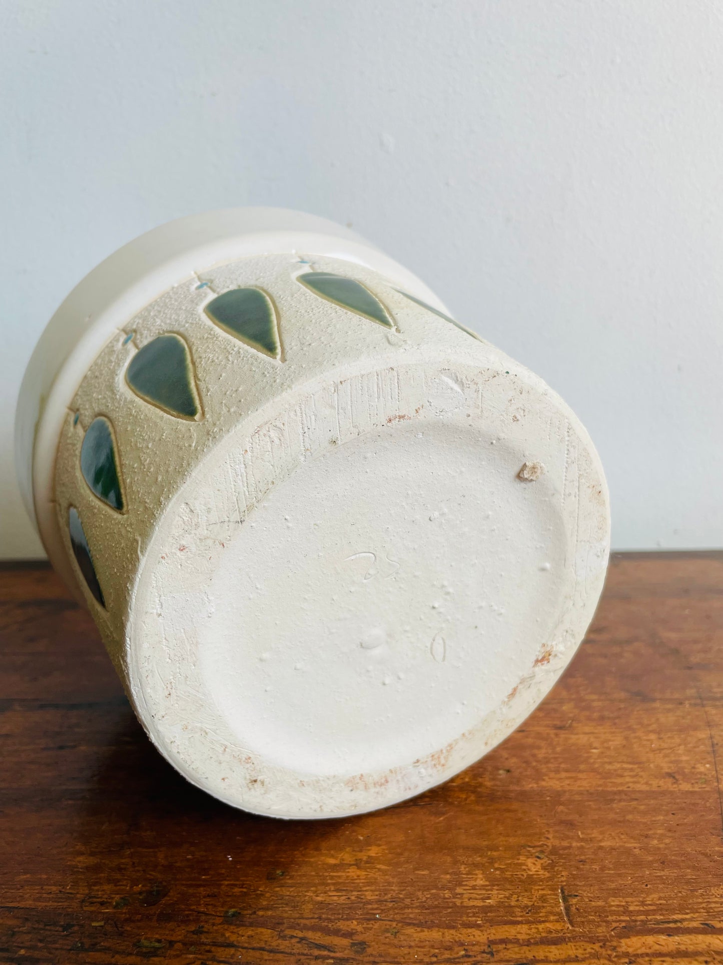 Vintage Mid-Century Modern 7" Textured White Planter Pot with Green & Blue Design