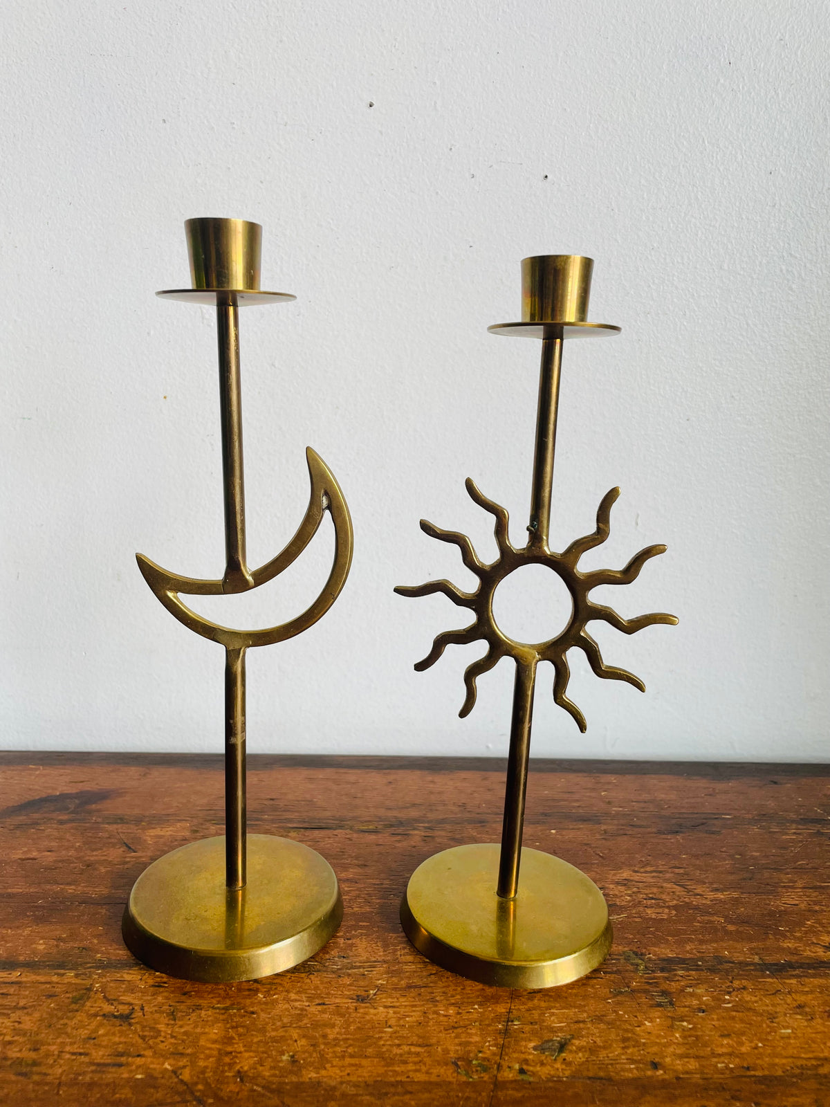 Vintage 90s Tall Brass Celestial Taper Candle Holders - Sun & Crescent Moon - Whimsigoth Decor - Set of 2