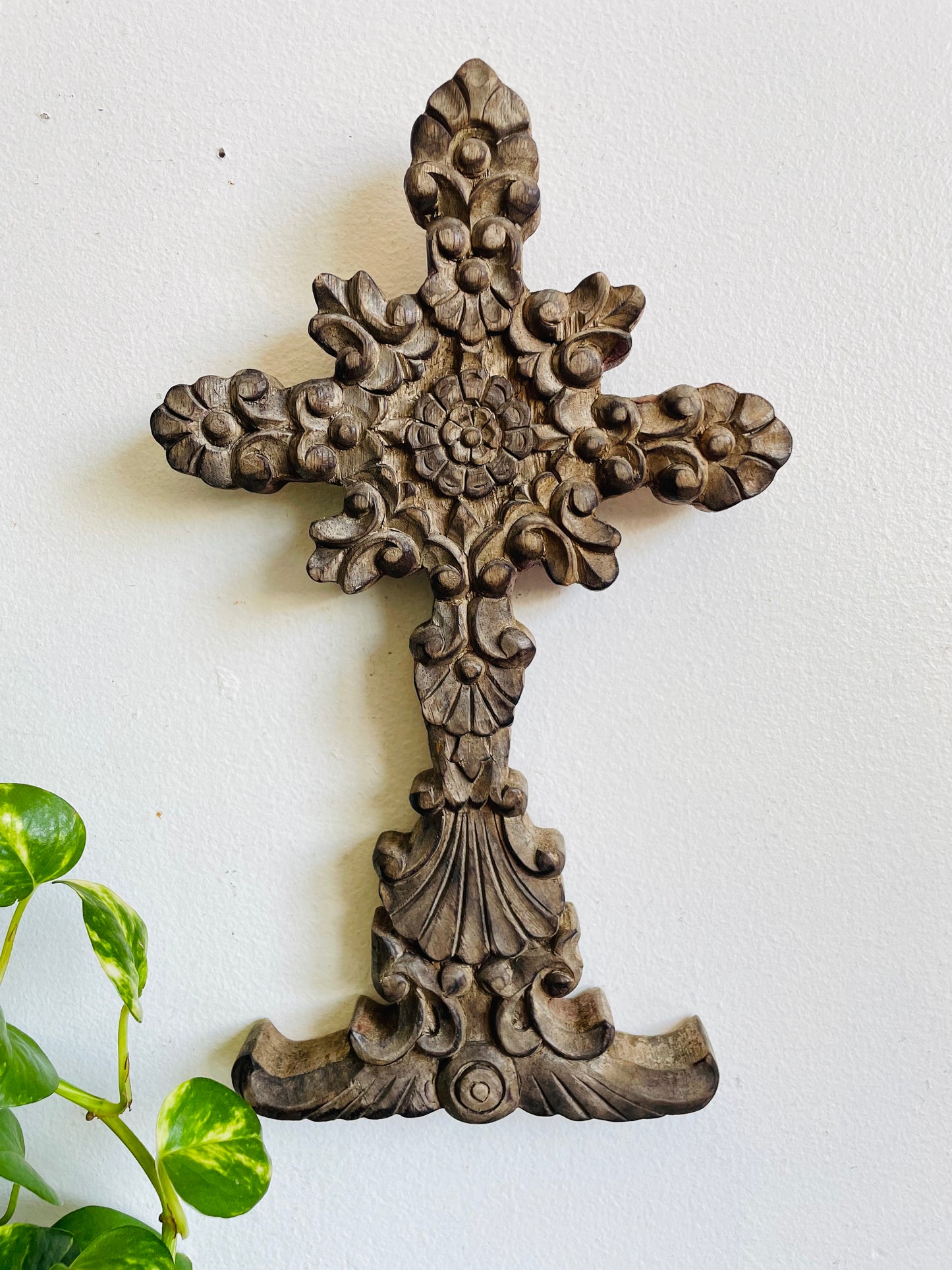 Vintage Carved Wood Wall Hanging Cross with Ornate Floral Design