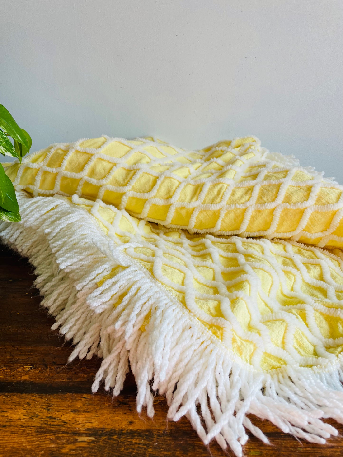 Yellow & White Chenille Bedspread Blanket with Fringe - Made in Canada