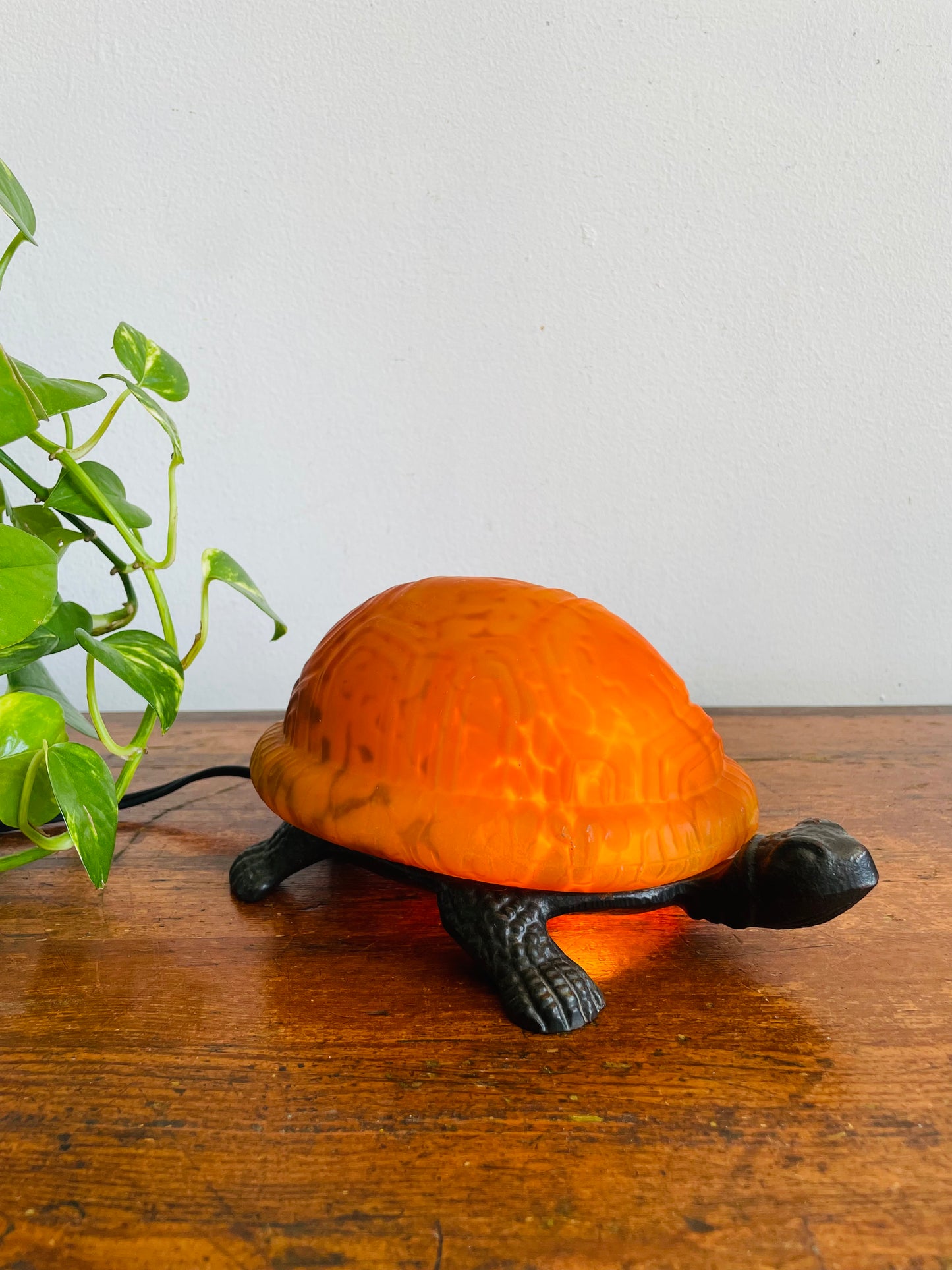 Vintage Cast Metal & Amber Glass Turtle Lamp - Tested / Works!