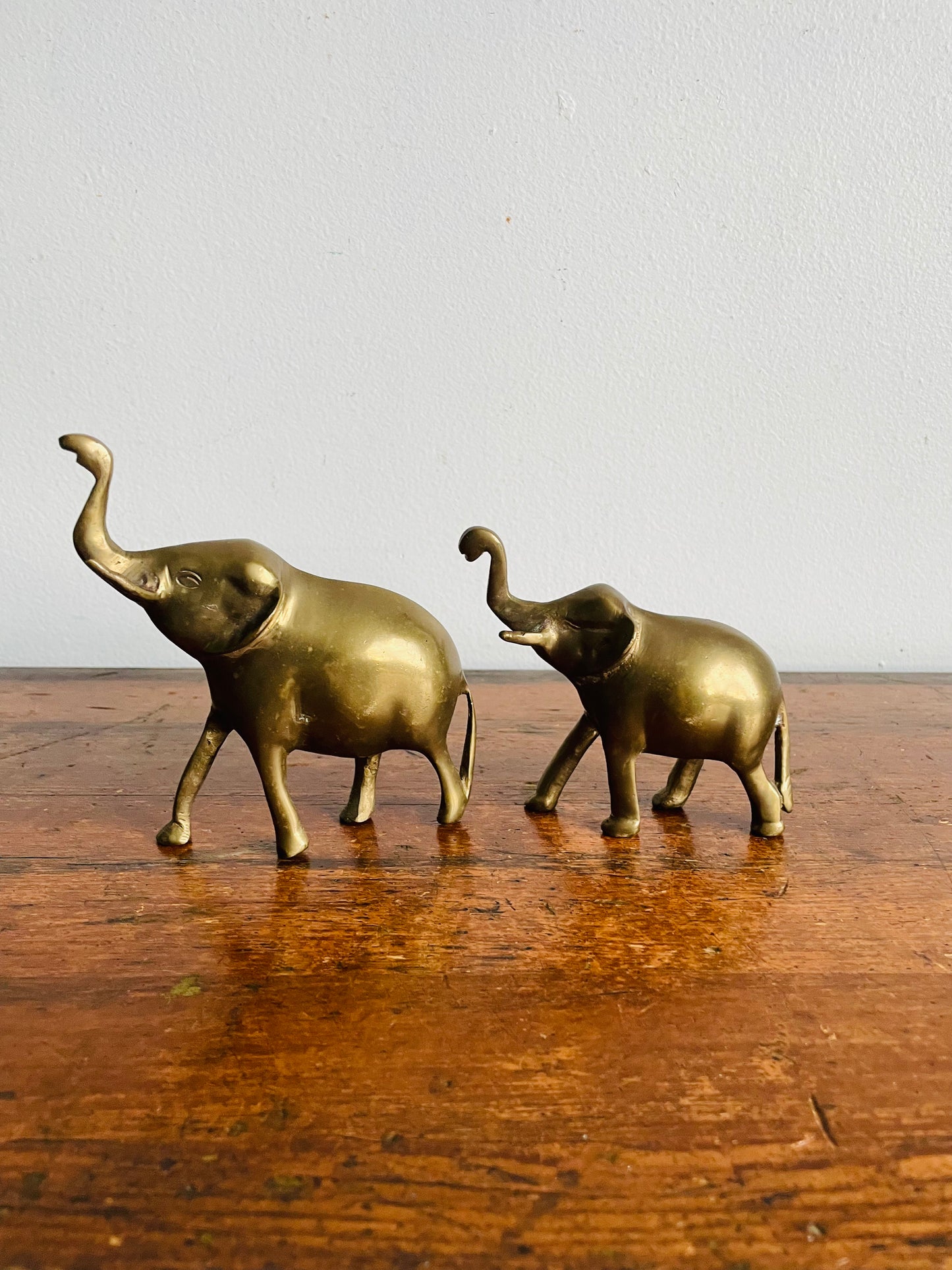 Vintage Solid Brass Pair of Elephants with Raised Trunks - Set of 2