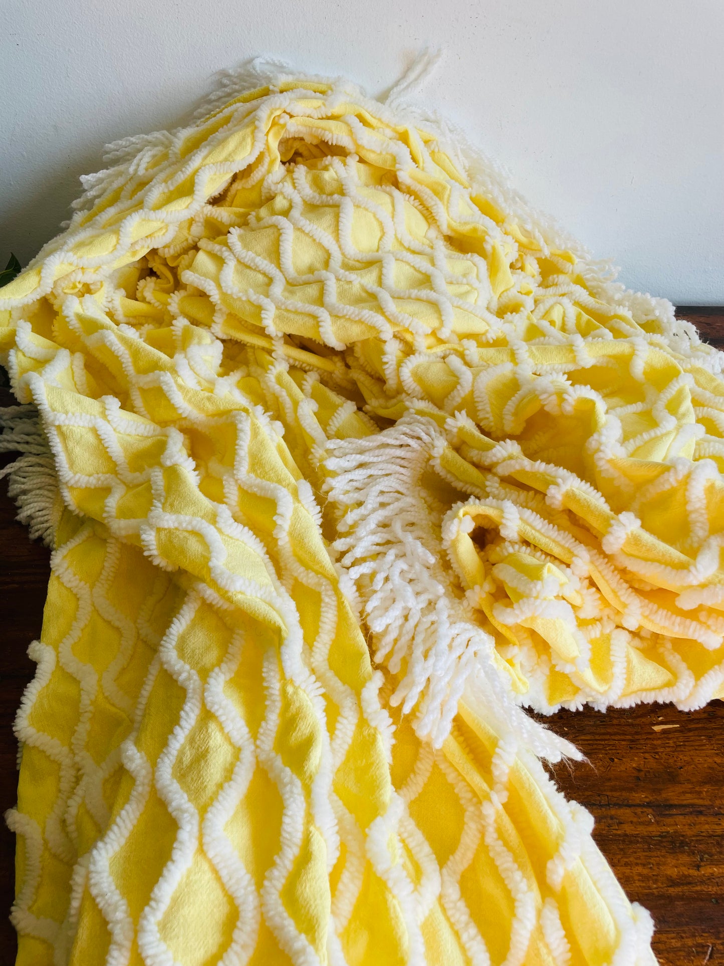 Yellow & White Chenille Bedspread Blanket with Fringe - Made in Canada