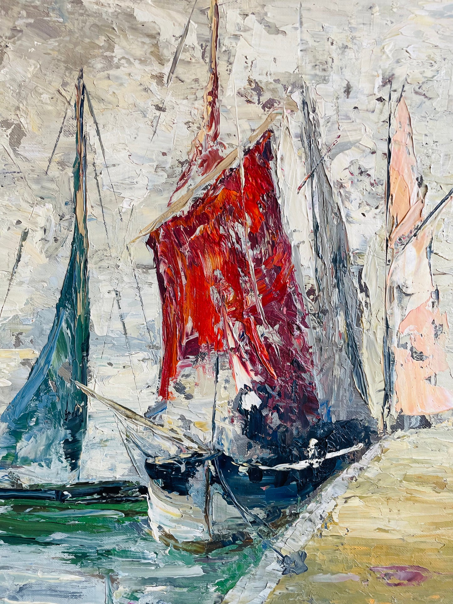 Vintage Original Art Painting - Impressionist Impasto Style - Sailboats & Fishing Ships Docked Along Wharf - "Marine Life" - Artist Signed - Purchased from a Fort Erie Estate - No Shipping