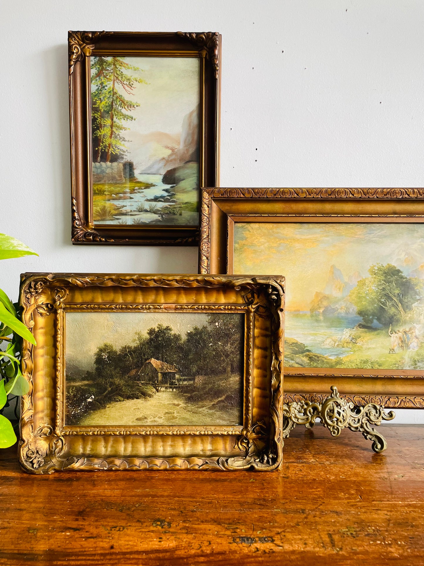 Antique Frank G. Hart's Oil Painting Facsimile Picture in Ornate Gold Frame - "The Old Watermill"