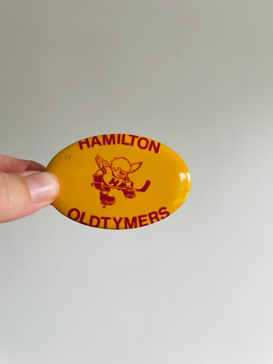 Vintage Metal Hockey Button Pin - Hamilton Oldtymers - Yellow Oval #1