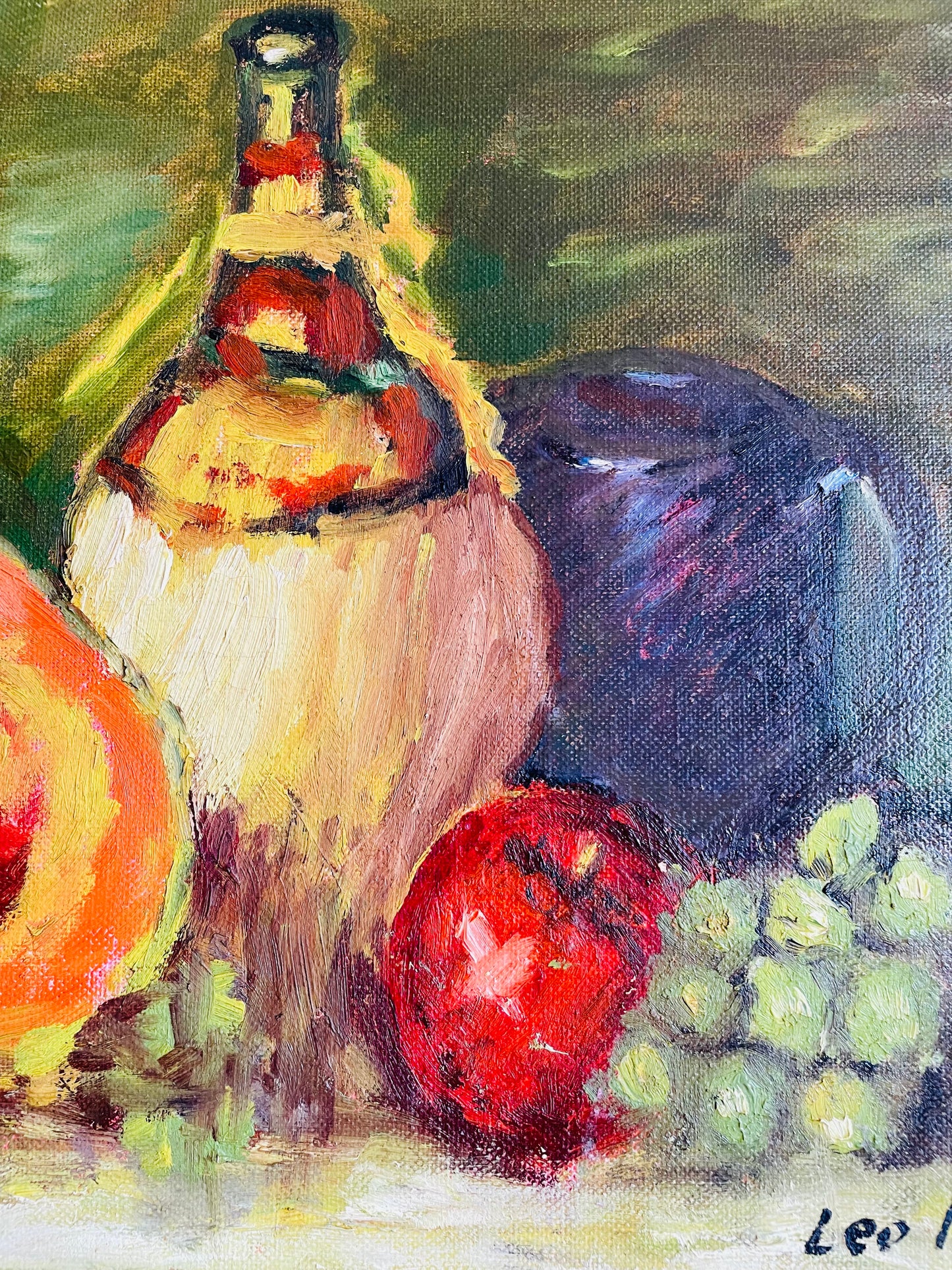 Vintage Original Art Painting of Still Life Scene with Cantaloupe, Other Fruit & Wine Jug - Signed Leo Harris