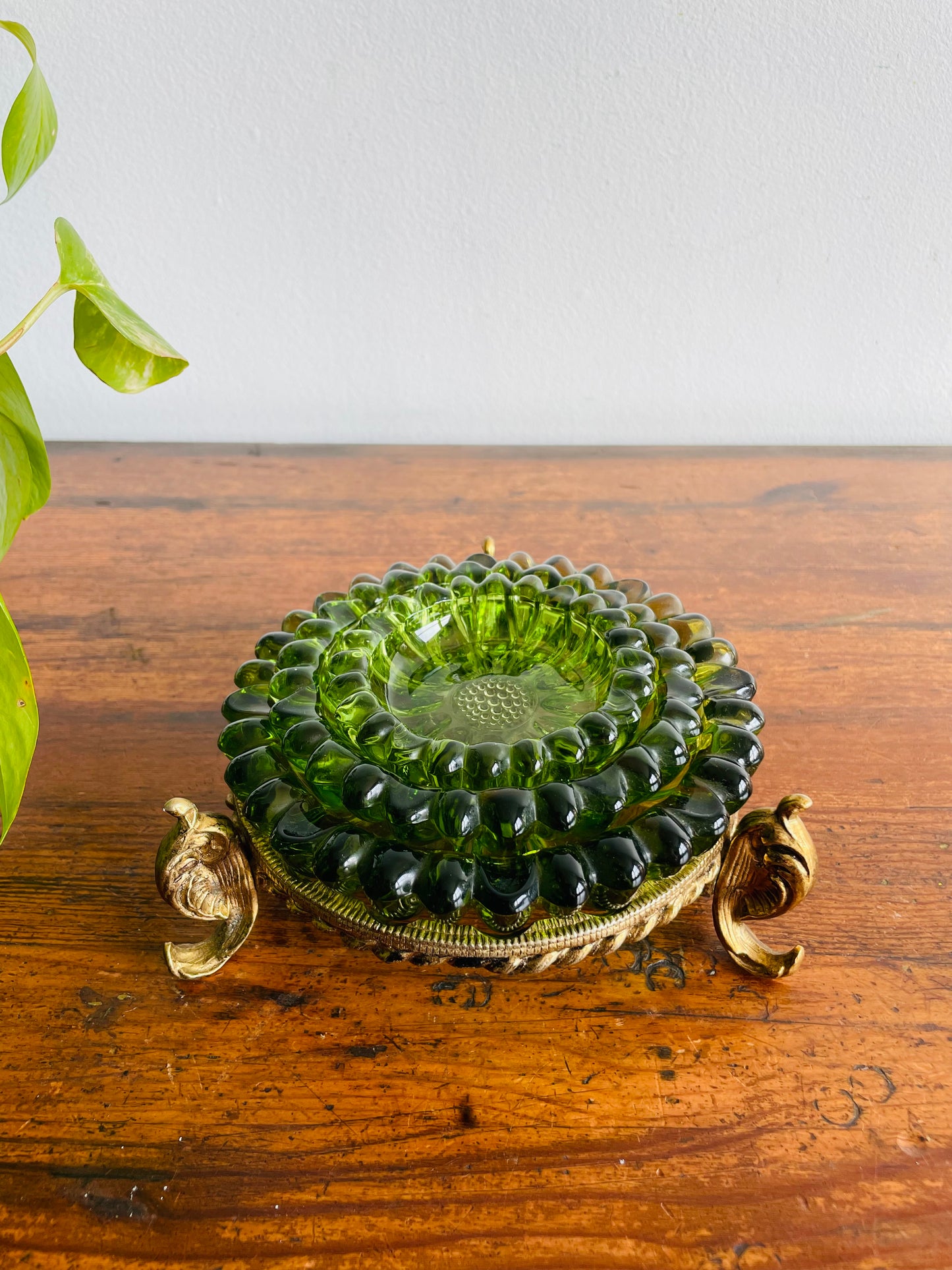 Hazel Atlas Green Glass Nesting Flower Ashtrays or Trinket Dishes in Solid Brass Holder - Set of 4 Pieces