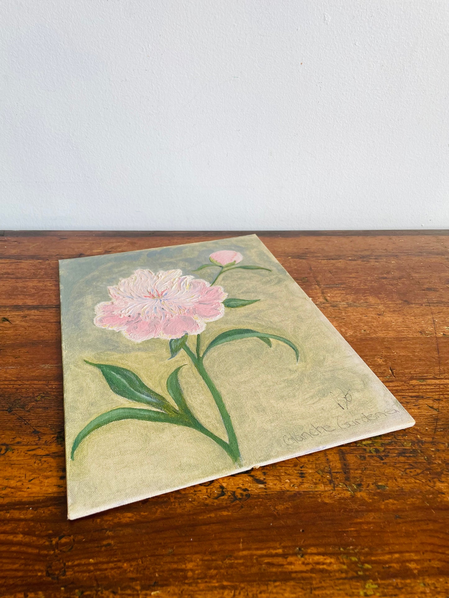 Vintage Original Art Painting Picture on Board of Pink Peony Flower - Artist Signed