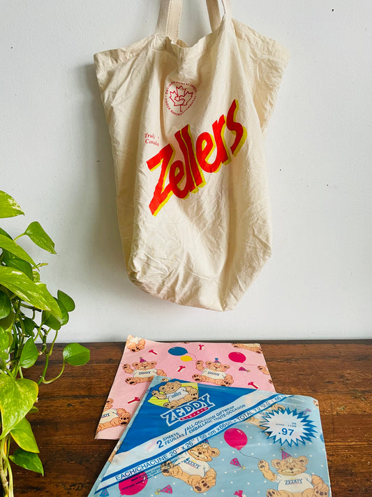 Vintage Zellers Nostalgia Bundle - Zellers 100% Cotton Cloth Tote Bag & Zeddy Bear Birthday Wrapping Paper