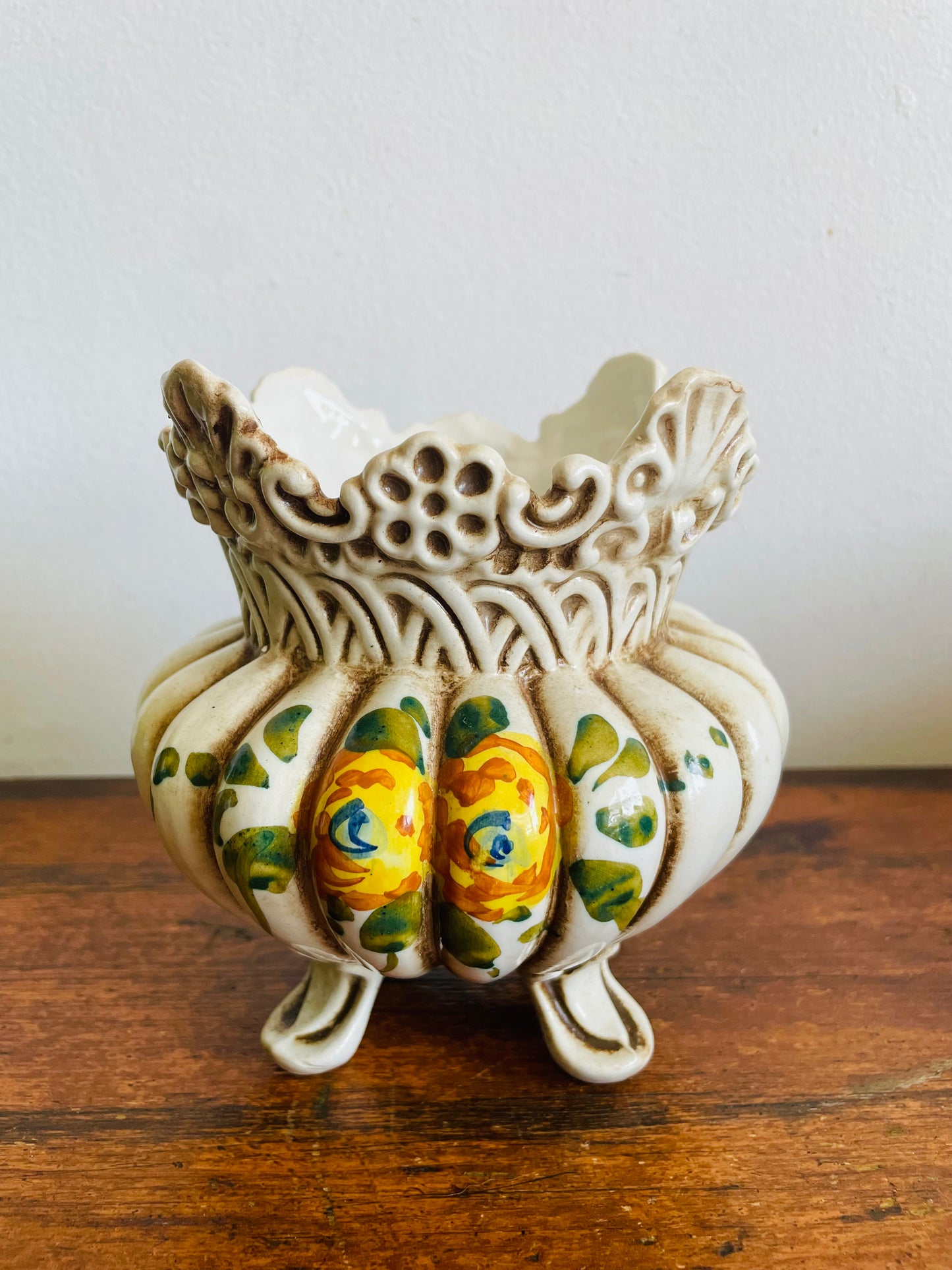 Vintage Belfor Hand Painted Italian Pottery Planter Pot with Floral Design - Made in Italy