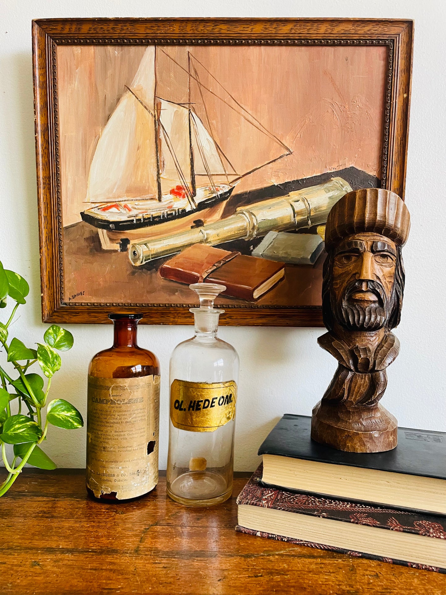 Vintage 1961 Original Art Nautical Still Life Painting Picture of Ship Captain Equipment - Artist Signed Anne Davies from Moncton, New Brunswick