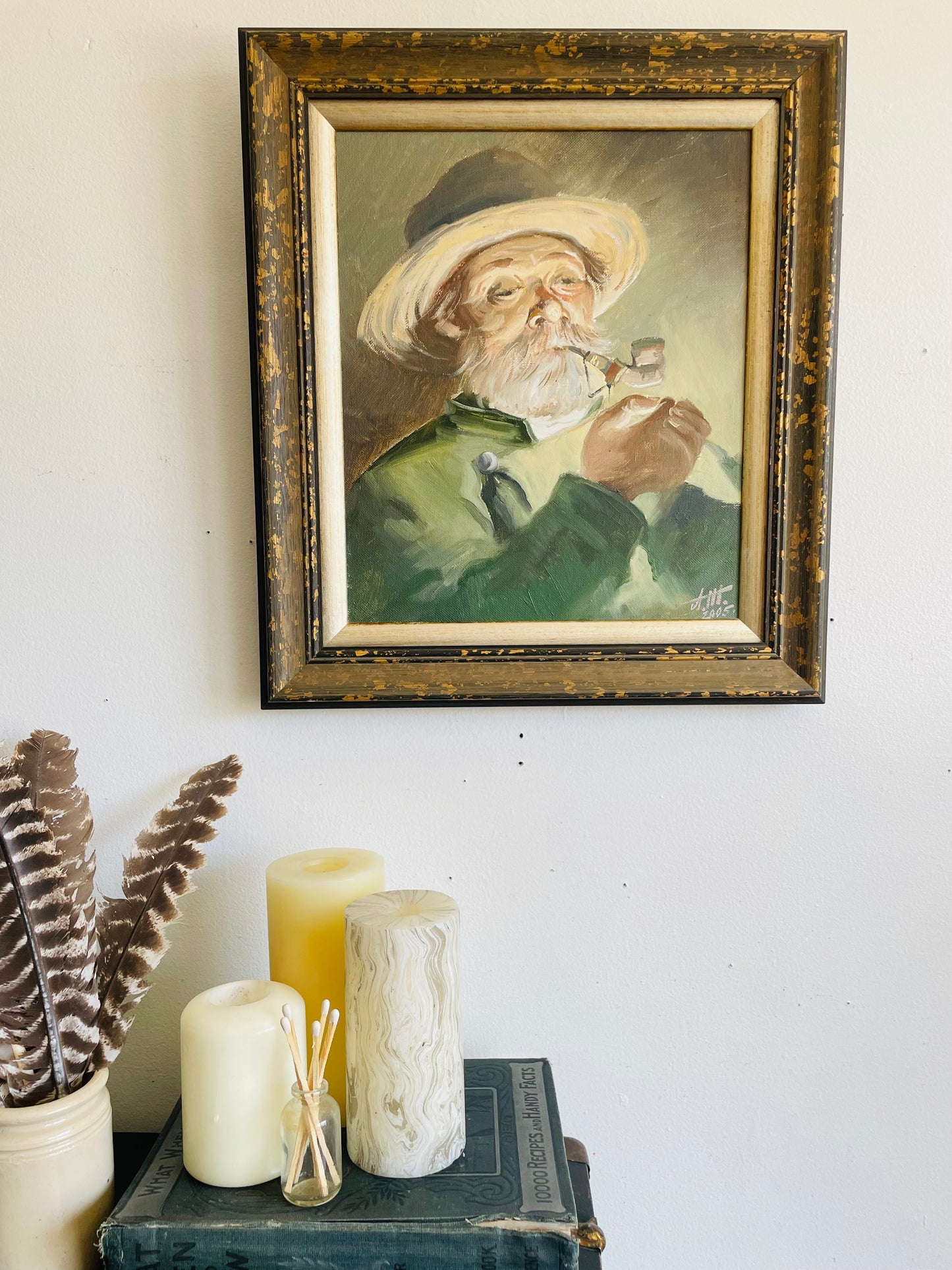 Vintage 2005 Original Art Painting Picture of Old Man Lighting a Pipe - Artist Signed
