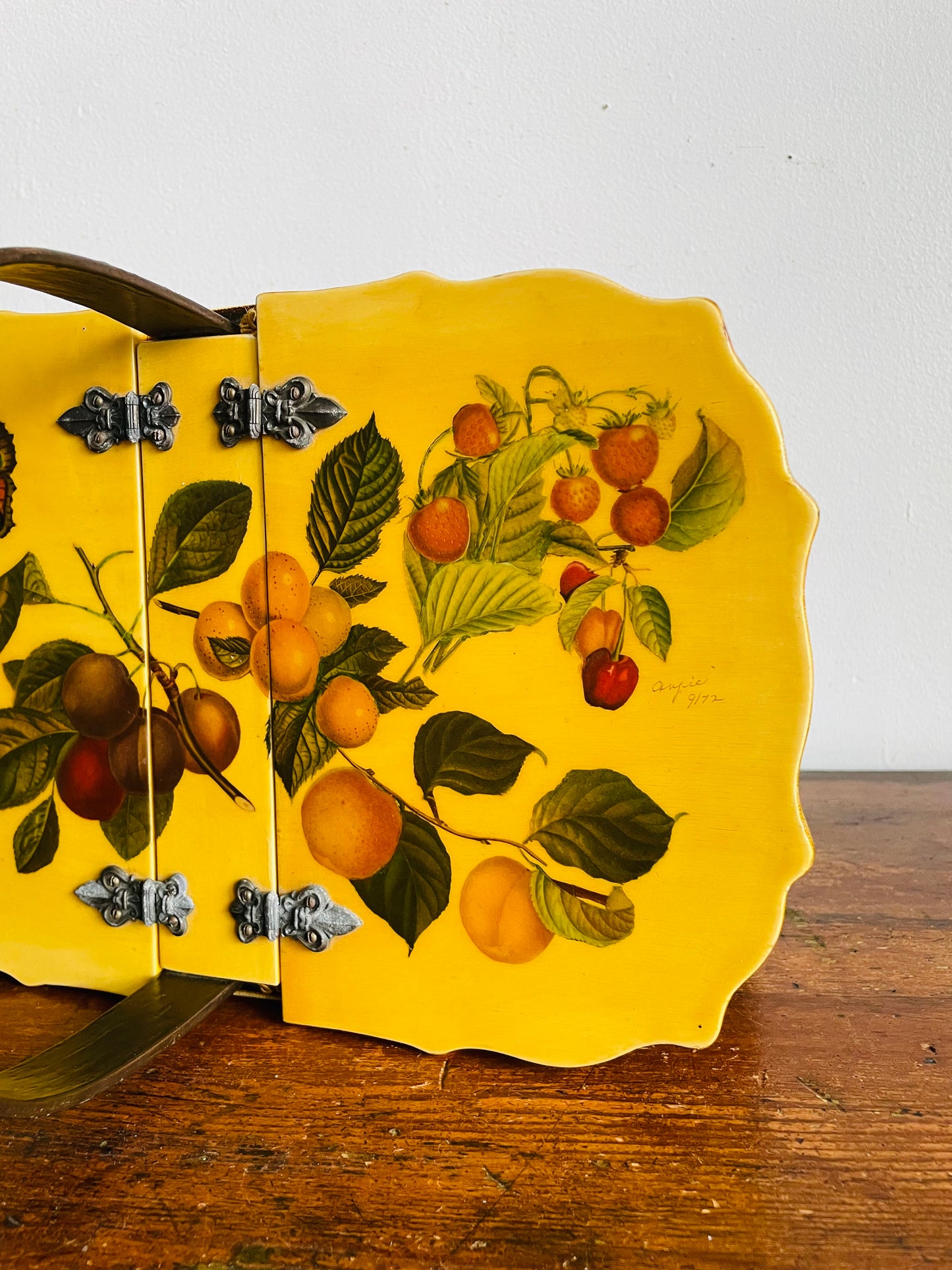 Vintage 1972 Wood Woven Decoupage Basket Purse or Storage Container with Botanical Fruit & Butterfly Design - Artist Signed - Angie 9/72