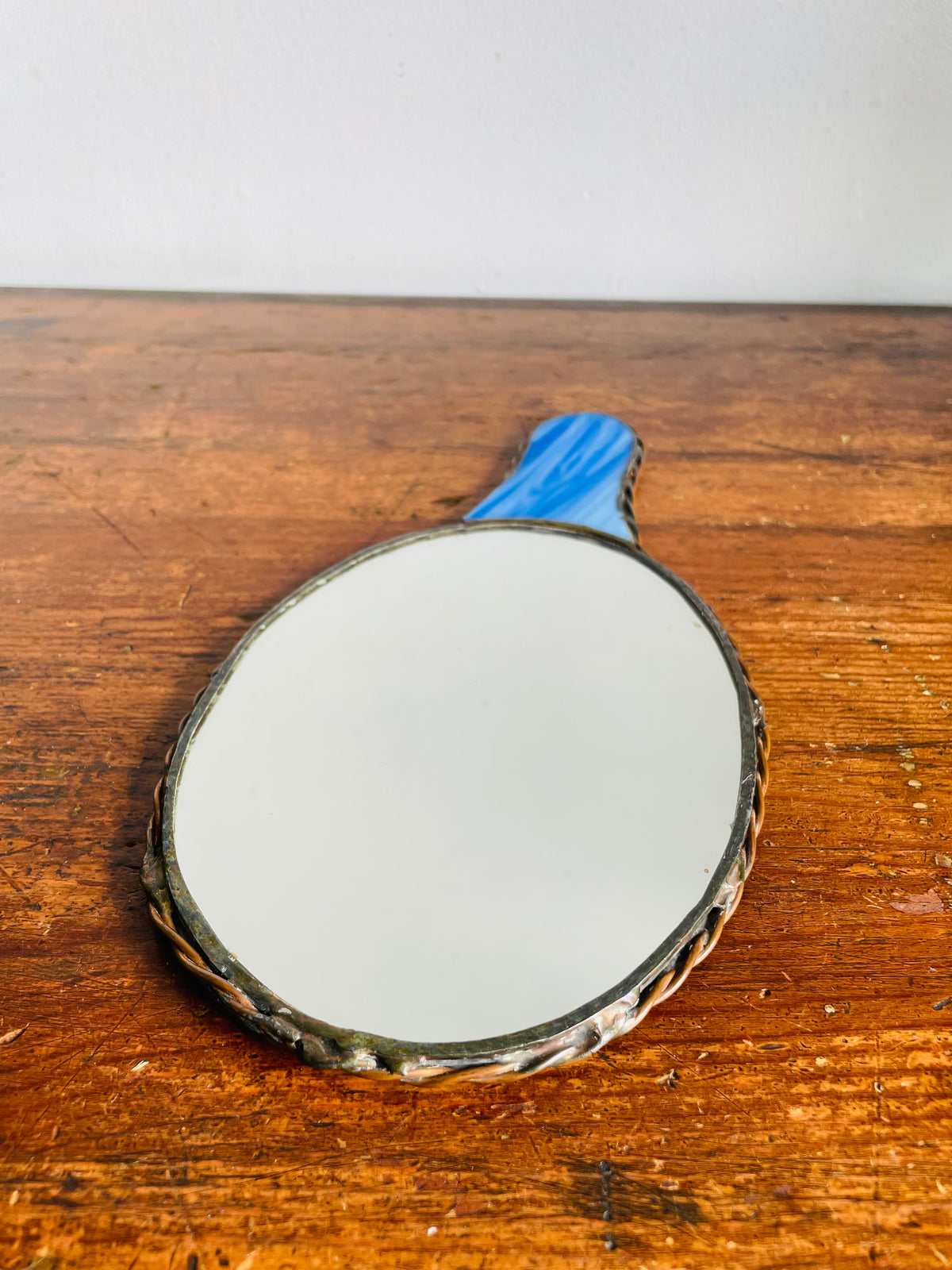 Vintage Stained Glass Handheld Mirror with Blue Rose Flower Design