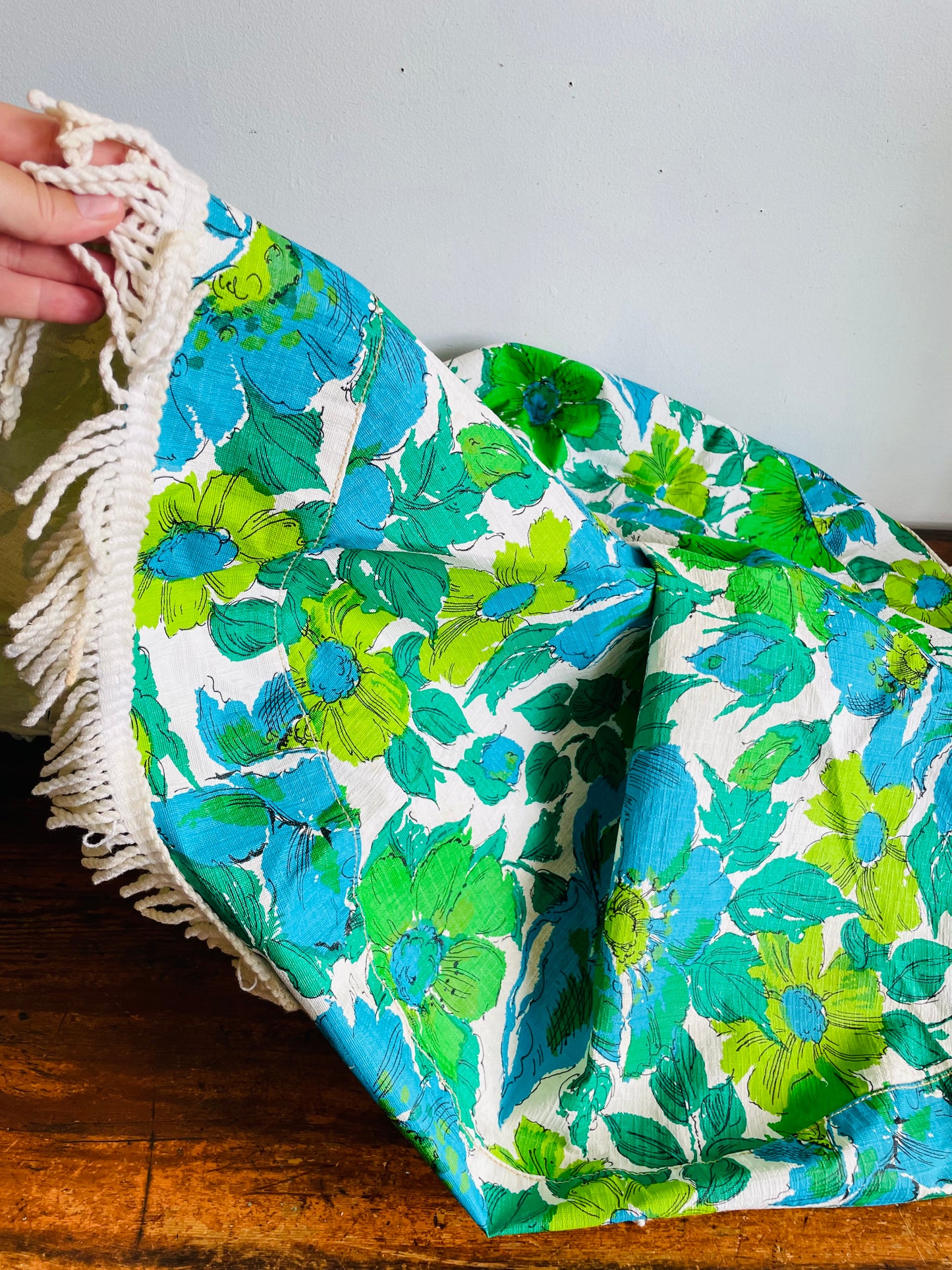 Vintage 1960s/70s Groovy & Fun Green & Blue Flower Power 44" Round Vinyl Patio Tablecloth with Umbrella Hole & White Braided Tassel Fringe