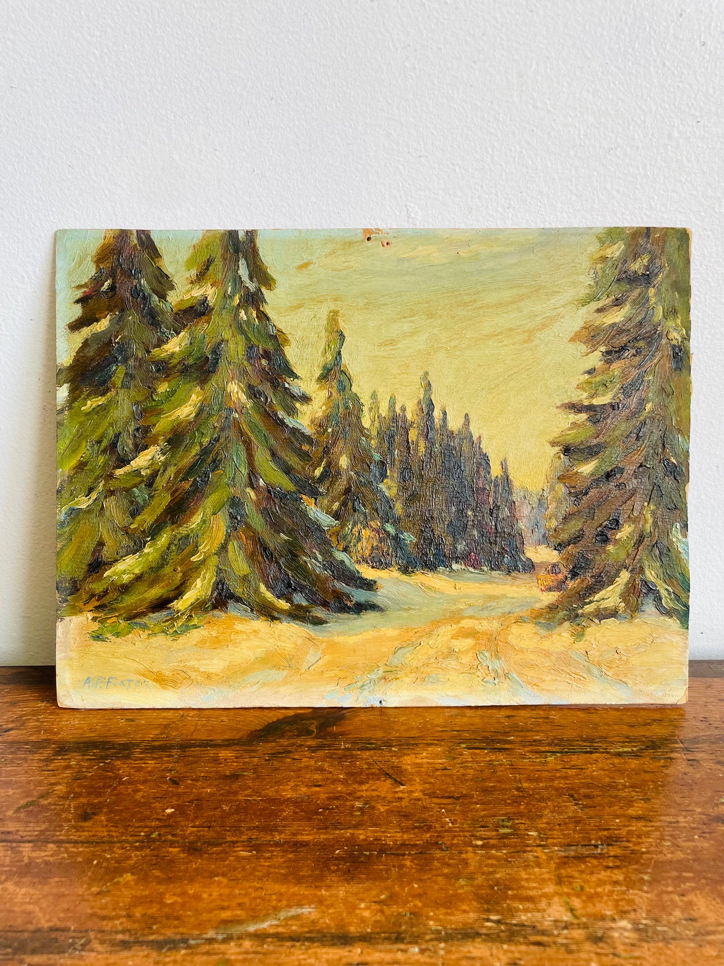 Antique Original Art Painting of Fir Tree Forest in Winter on Board - Artist Signed - Purchased from Great-Nephew of Artist in Haliburton, ON