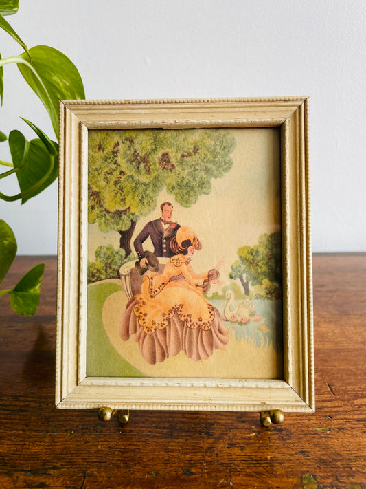 Lithograph Print Picture of Man & Woman in Yellow Victorian Dress Beside Lake with Swan