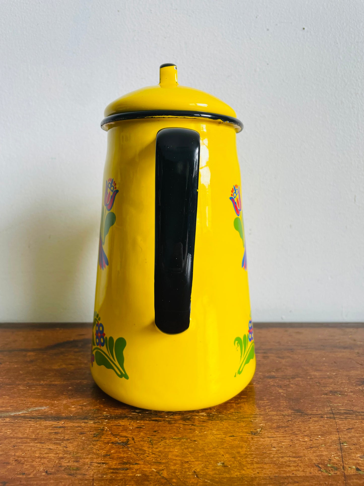 Vintage Bright Yellow Cinsa Enamel Coffee Pot Carafe Pitcher with Colourful Folk Art Bird & Flower Design - Made in Saltillo Mexico