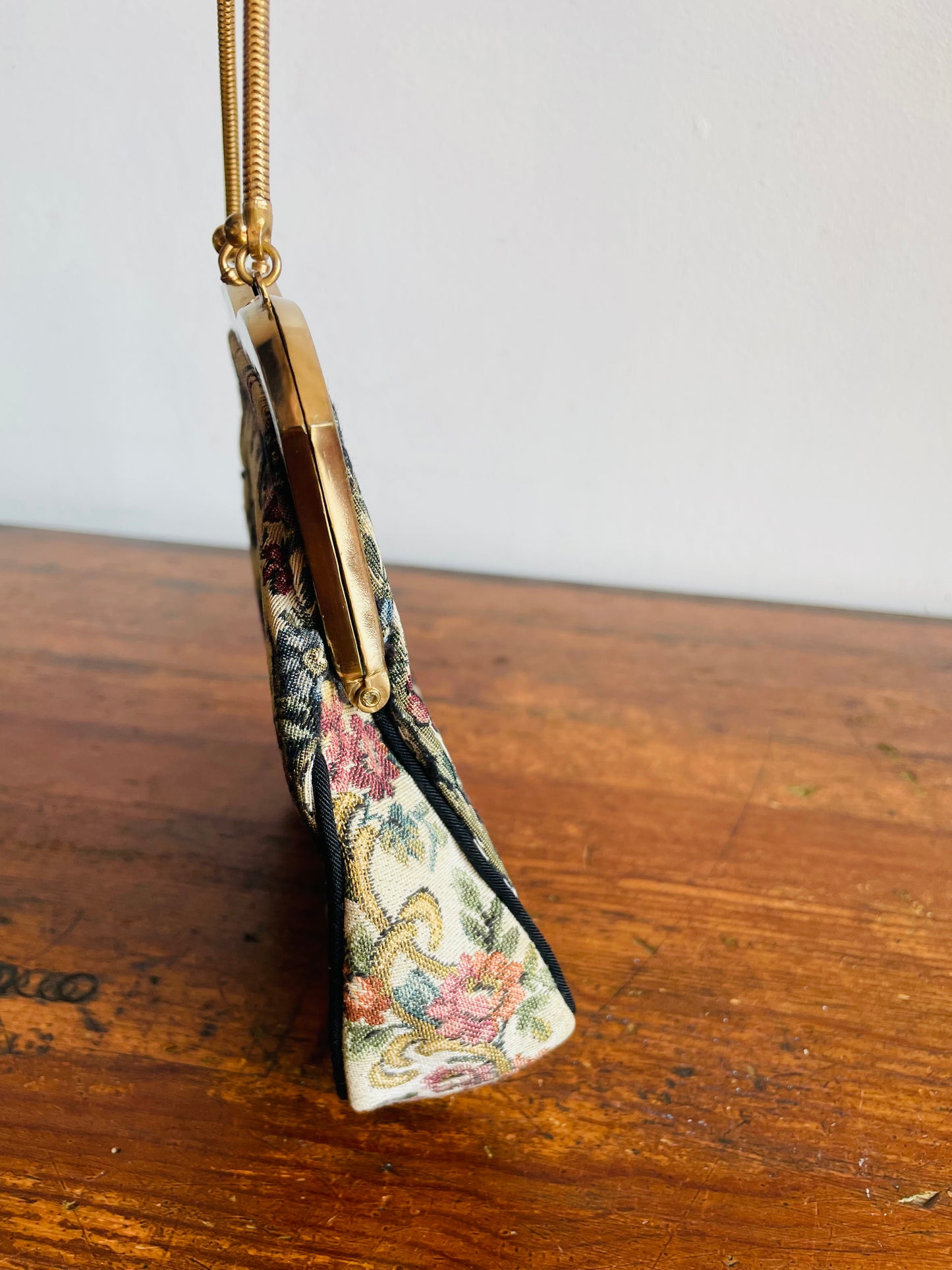 La Marquise Romantic French Tapestry Evening Bag Purse on Brass Chain