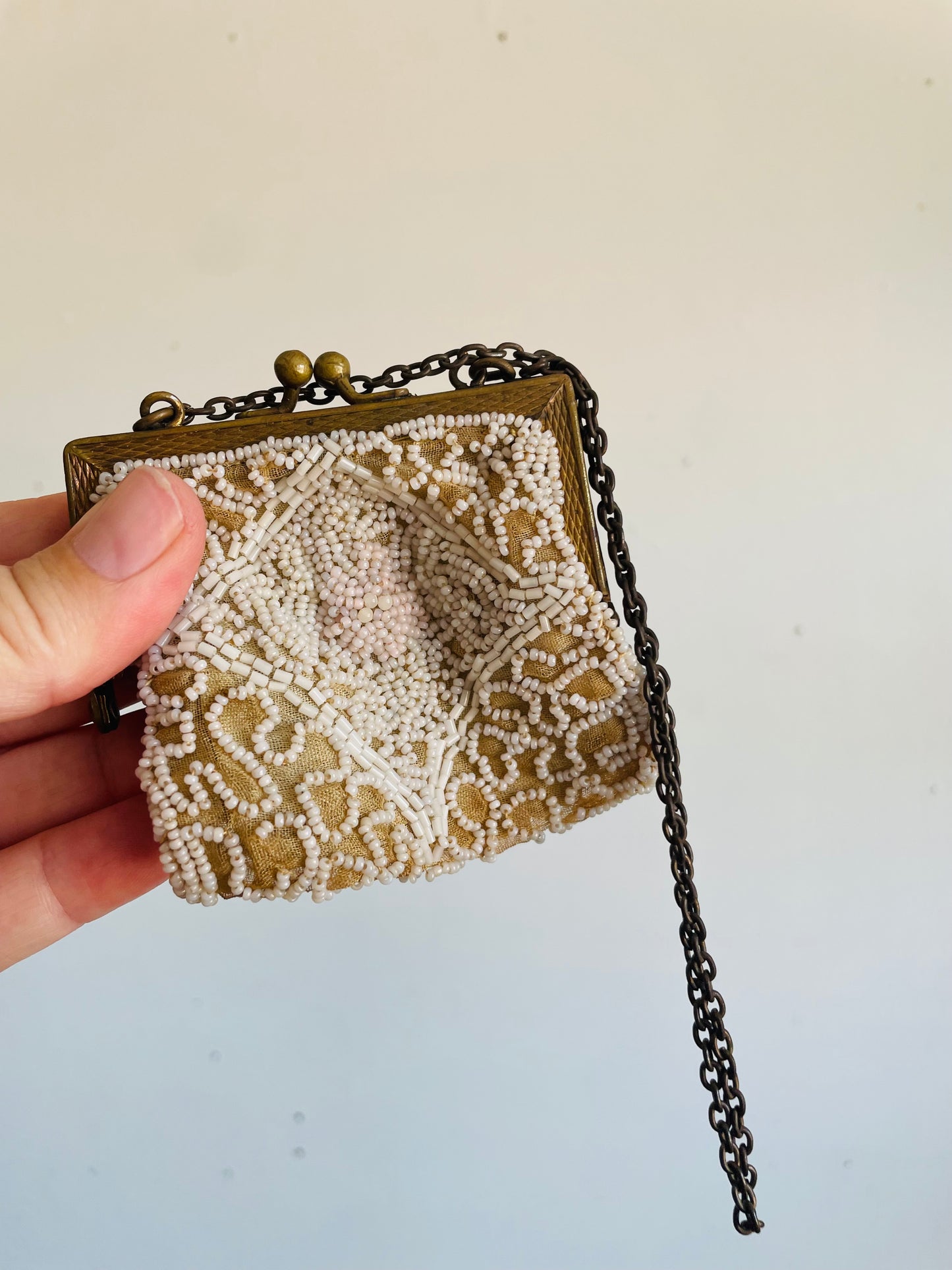 Antique Delicate & Dainty Hand Beaded Tiny Pouch Purse on Brass Chain