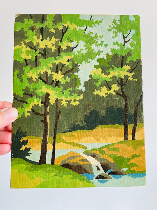 Vintage 1960s Paint by Number (PBN) Picture on Board of River & Mini Waterfall Through Forest - 6" x 8"