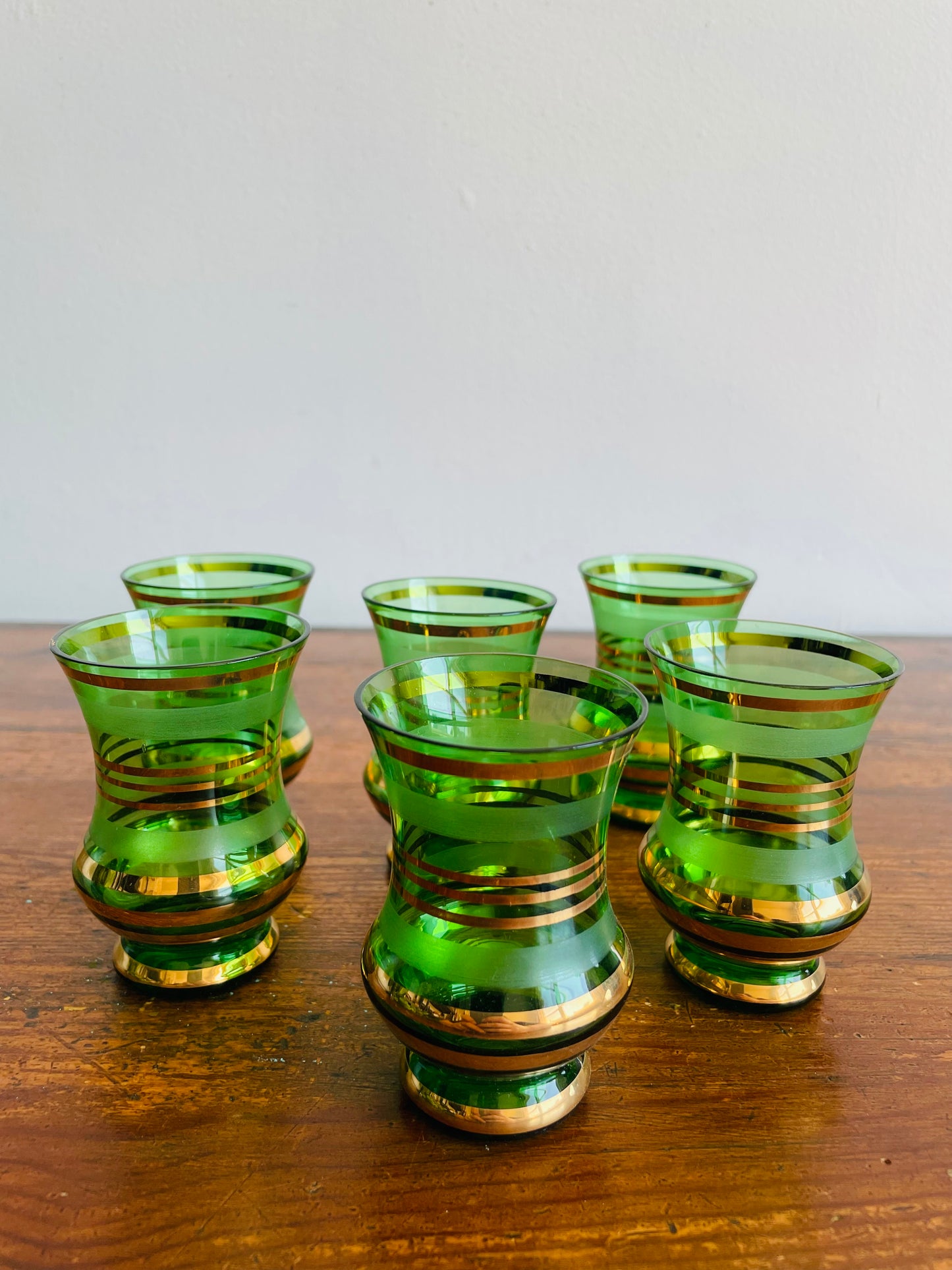 Green Glass with Frosted Bands & Gold Stripes Shot or Cordial Glasses - Set of 6