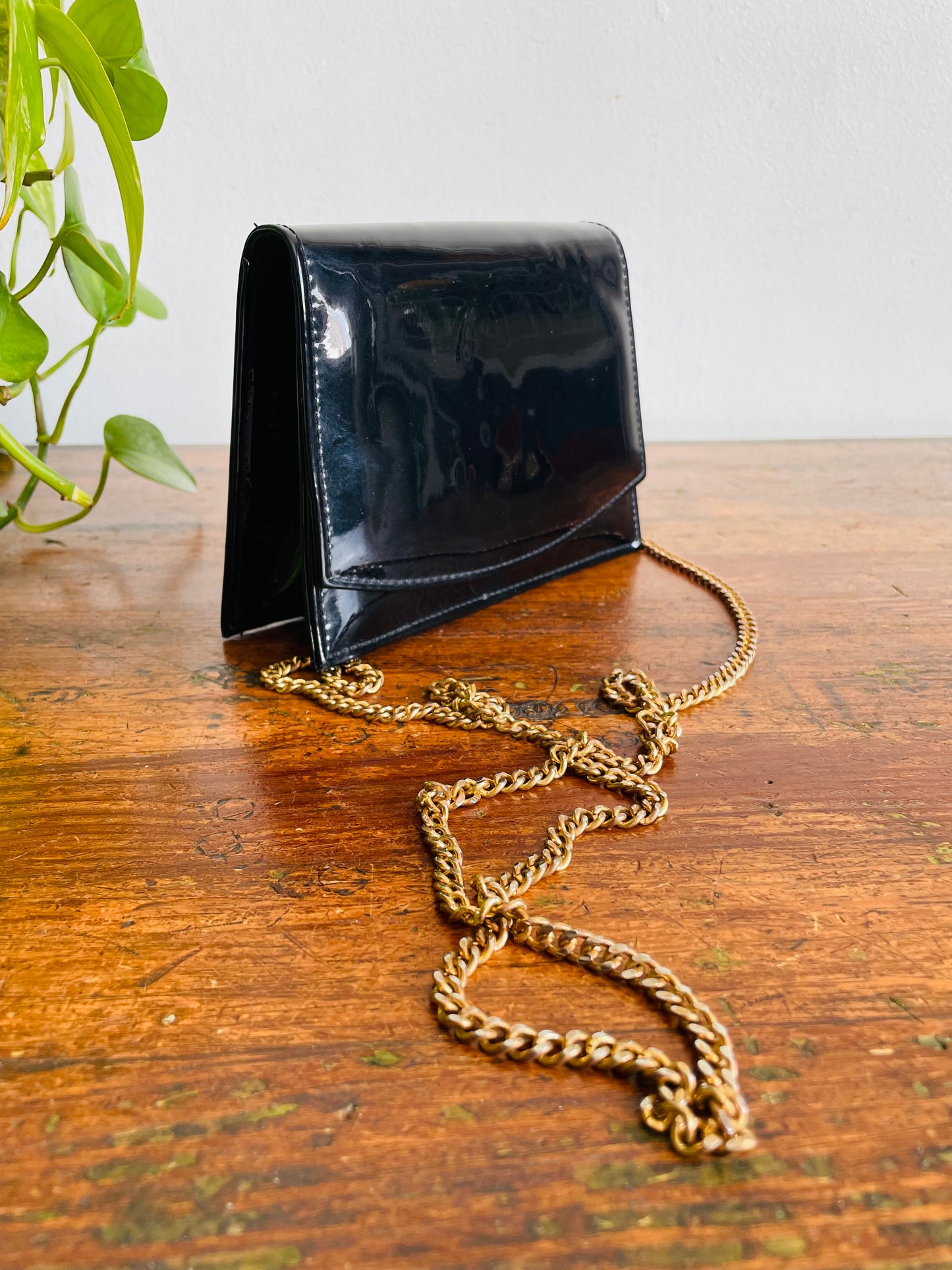 Vintage Little Black Patent Leather Crossbody Clutch Purse on Long Brass Gold Chain