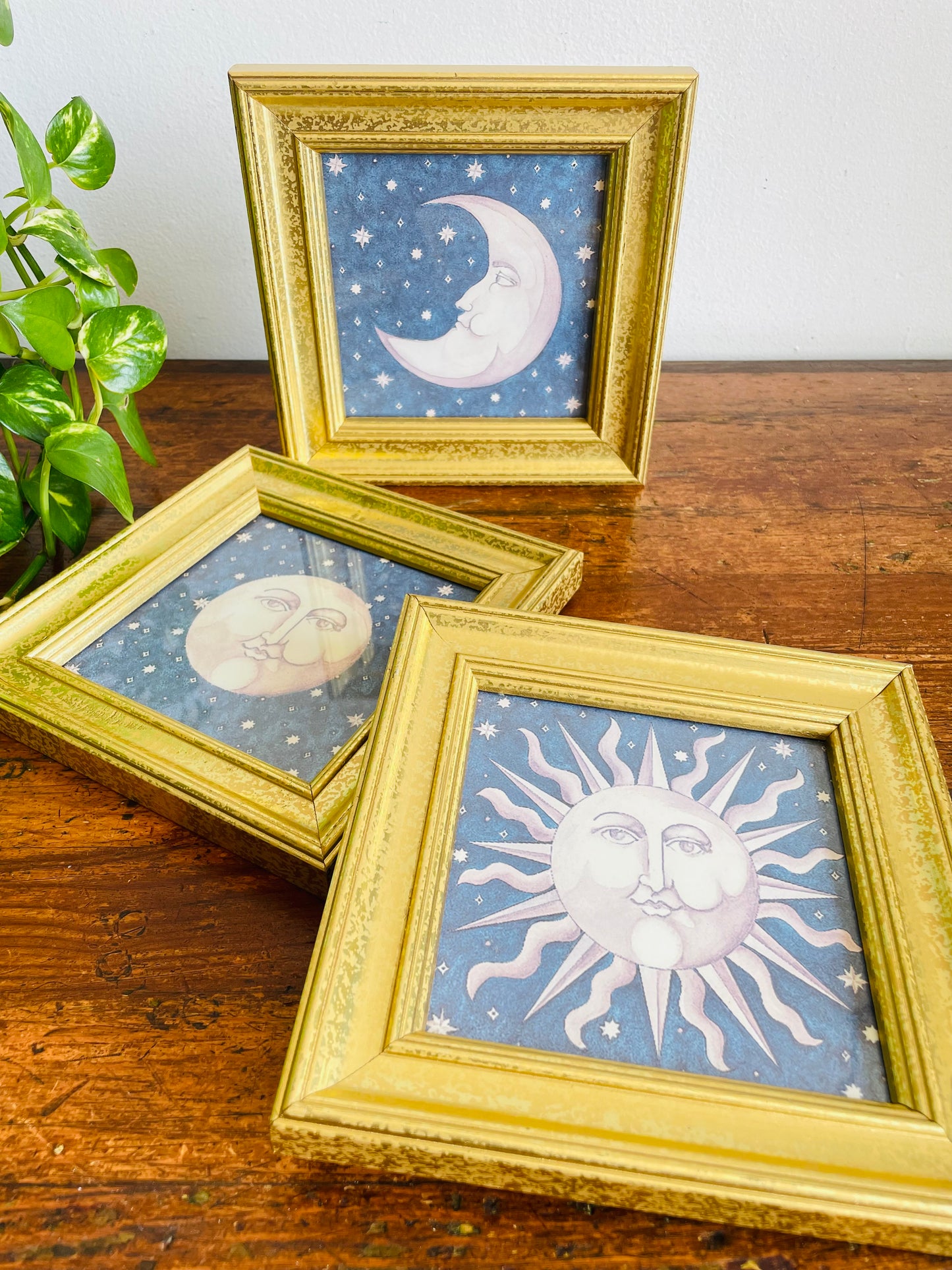 Vintage 1990s Mary Beth Zeitz Celestial Sun, Crescent Moon & Full Moon Print Pictures in Gold Frames - Set of 3 - Y2K Astrology Whimsigoth Decor