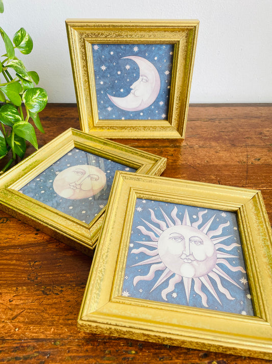 Vintage 1990s Mary Beth Zeitz Celestial Sun, Crescent Moon & Full Moon Print Pictures in Gold Frames - Set of 3 - Y2K Astrology Whimsigoth Decor