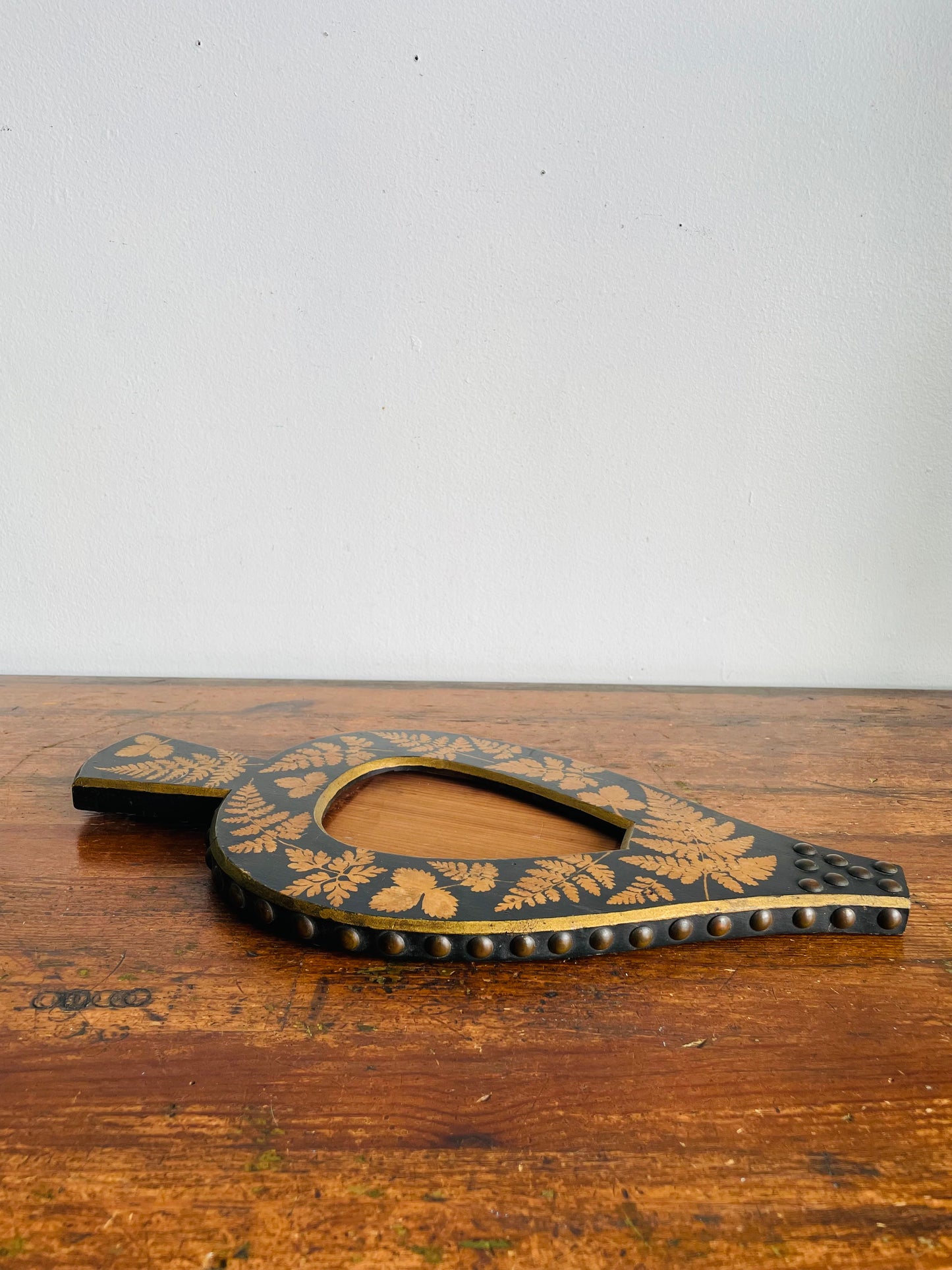 Vintage Handmade & Unique Hanging Wood Picture Frame with Brass Details & Botanical Fern Print - Repurposed Fireplace Bellows? The Most Interesting Frame I've Ever Seen!