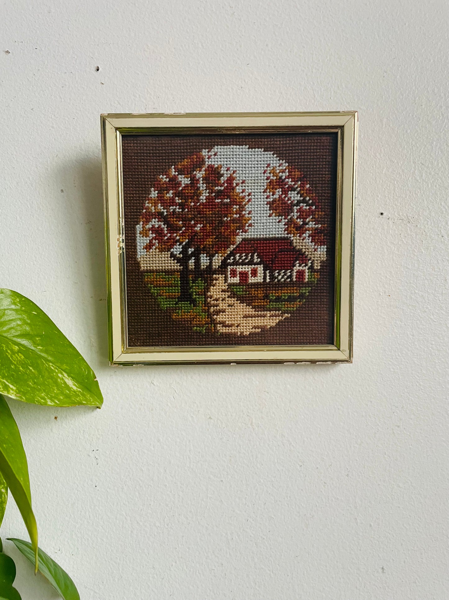 Vintage Mini Needlepoint Embroidery Picture in Square Frame - Fall Season - Red Roof House on Road with Trees of Changing Leaves