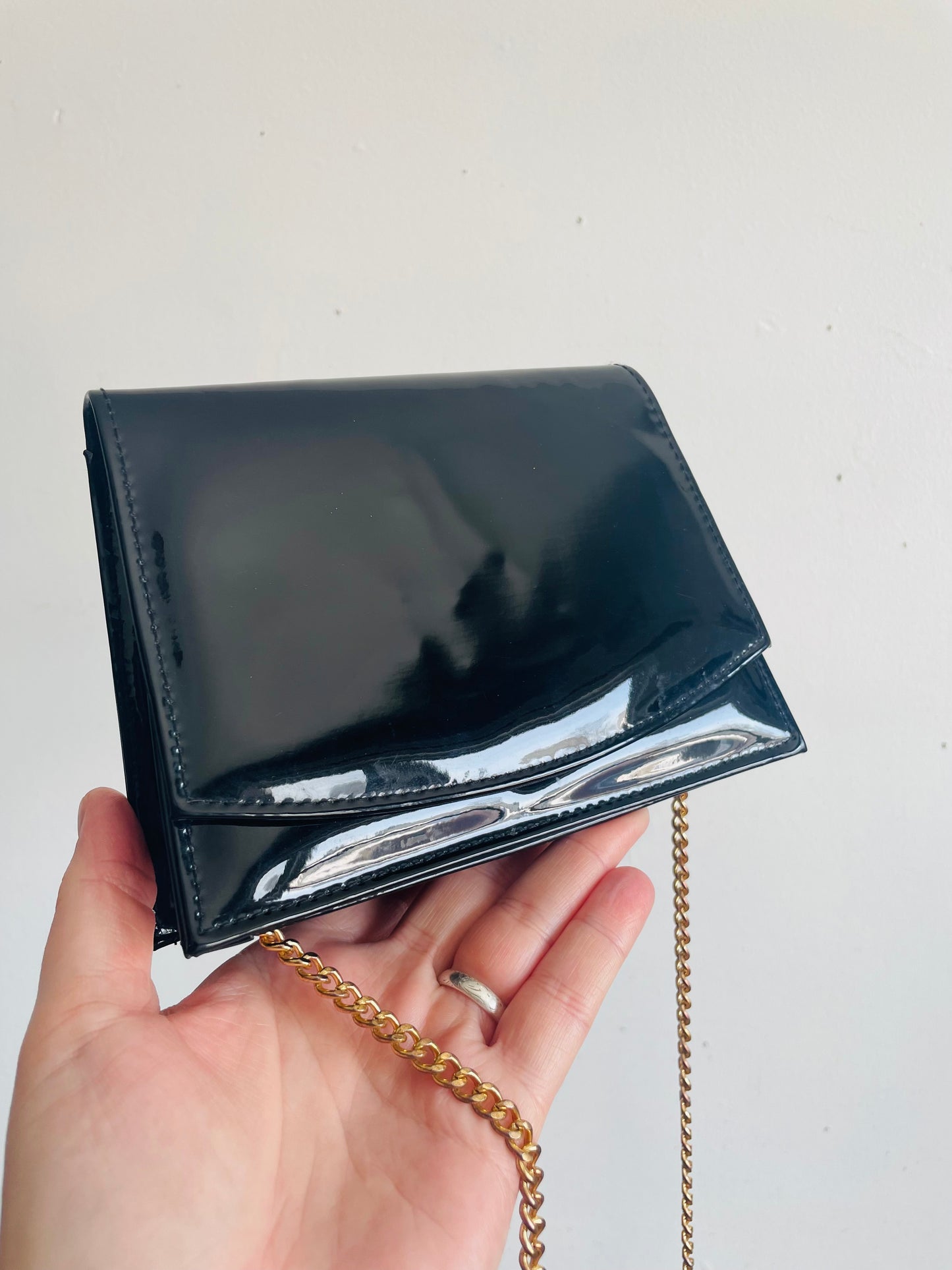 Vintage Little Black Patent Leather Crossbody Clutch Purse on Long Brass Gold Chain