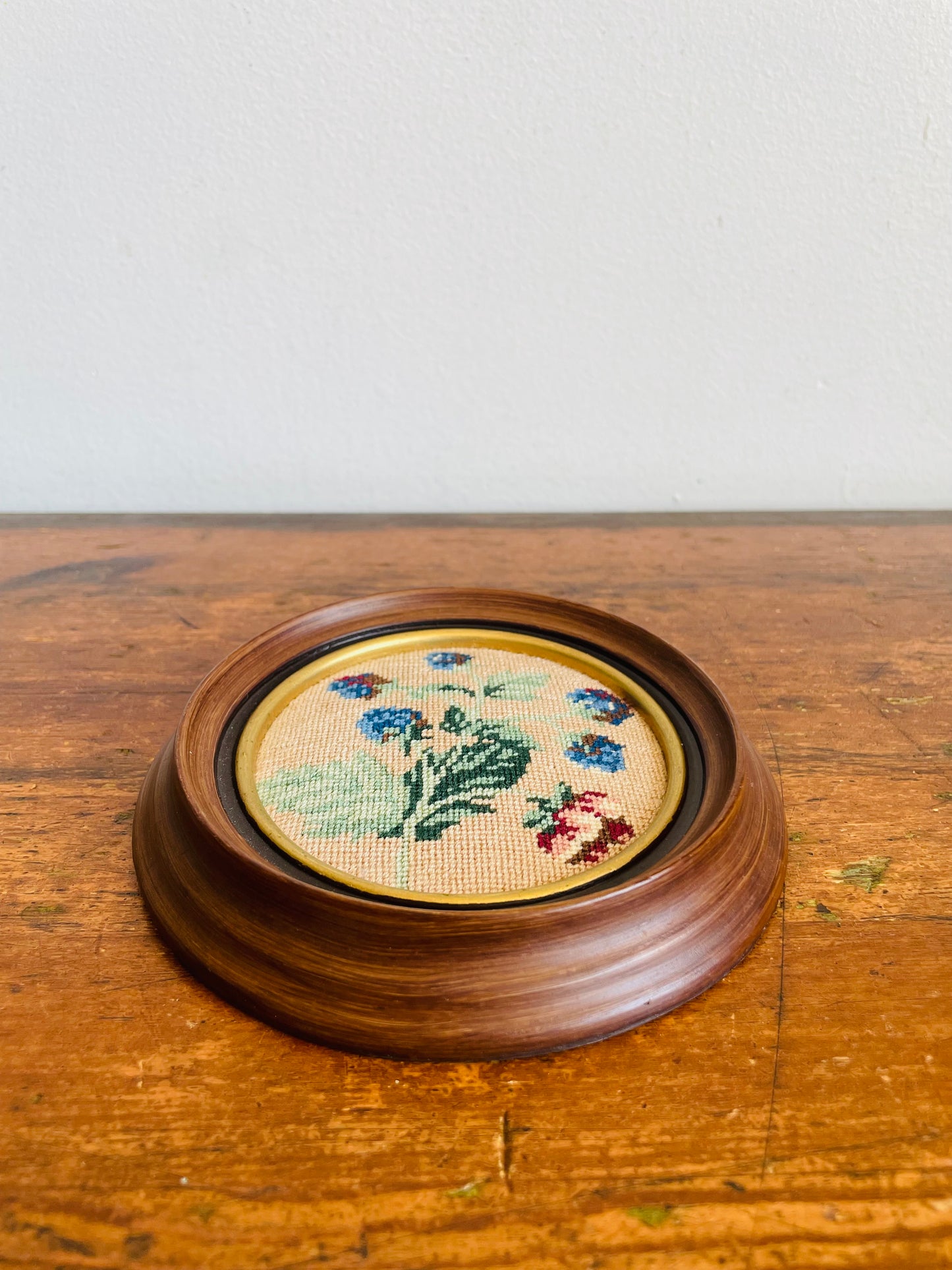 Vintage Round Wood Needlepoint Embroidery Picture in Wood Frame with Botanical Floral Scene