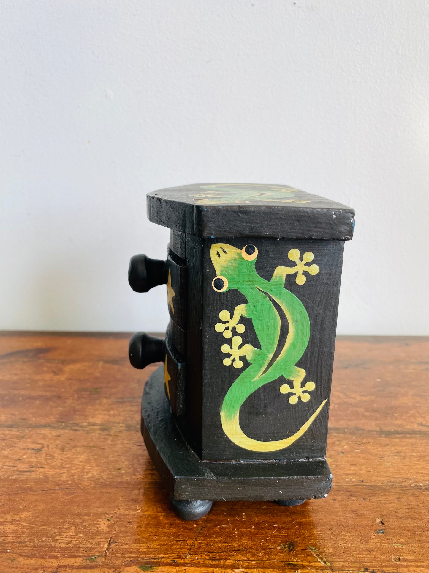Vintage Black Wooden Mini Dresser Jewellery Box with Painted Star & Gecko Lizard Design - 2 Drawers & Knob Feet