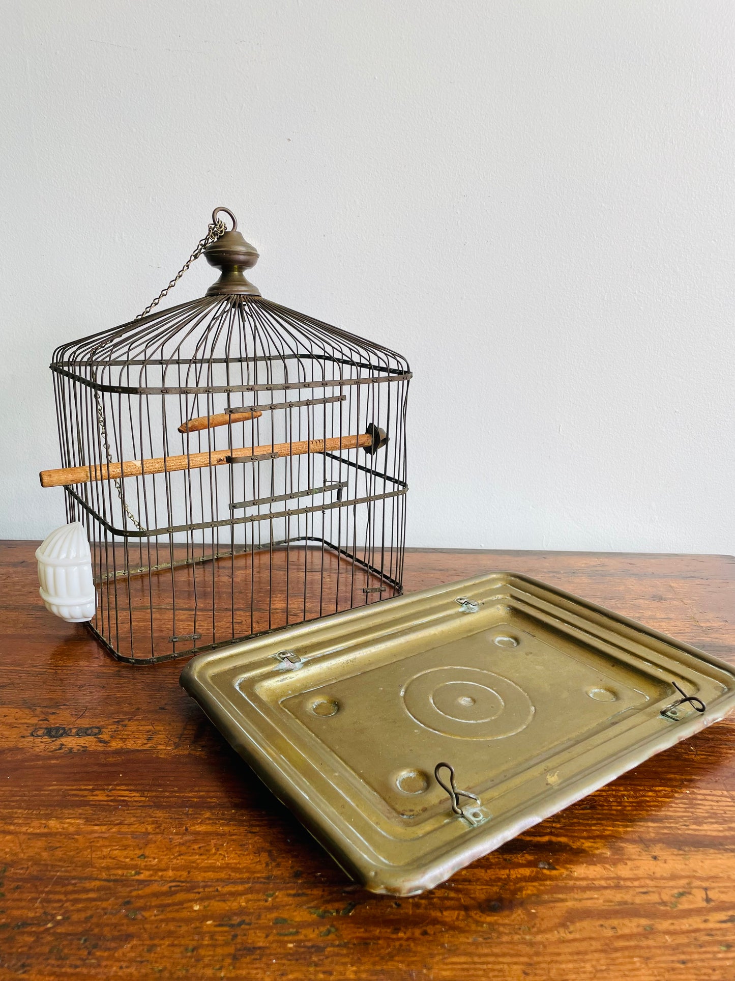 Antique Hendryx Brass & Metal Wire Bird Cage with Wood Perches & Milk Glass Food Dish - Art Deco Decor