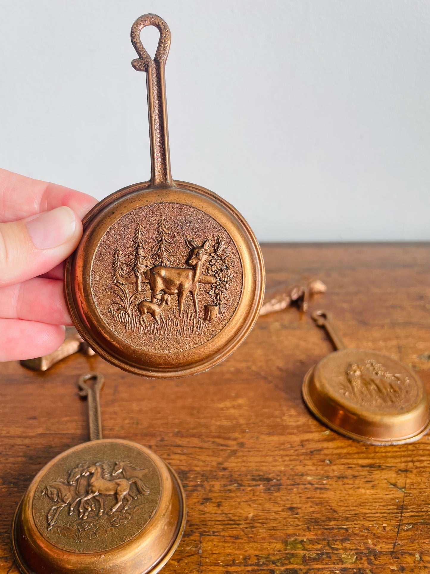 Vintage Miniature Hanging Copper Pans on Branch Hanger with Embossed Animal & Nature Images