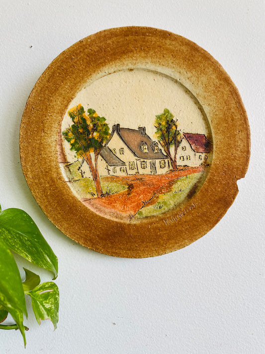 Studio Art Pottery Signed by Canadian Artist Hubert Du Roscoat - Wall Decor Plate with Farm Houses - AS IS